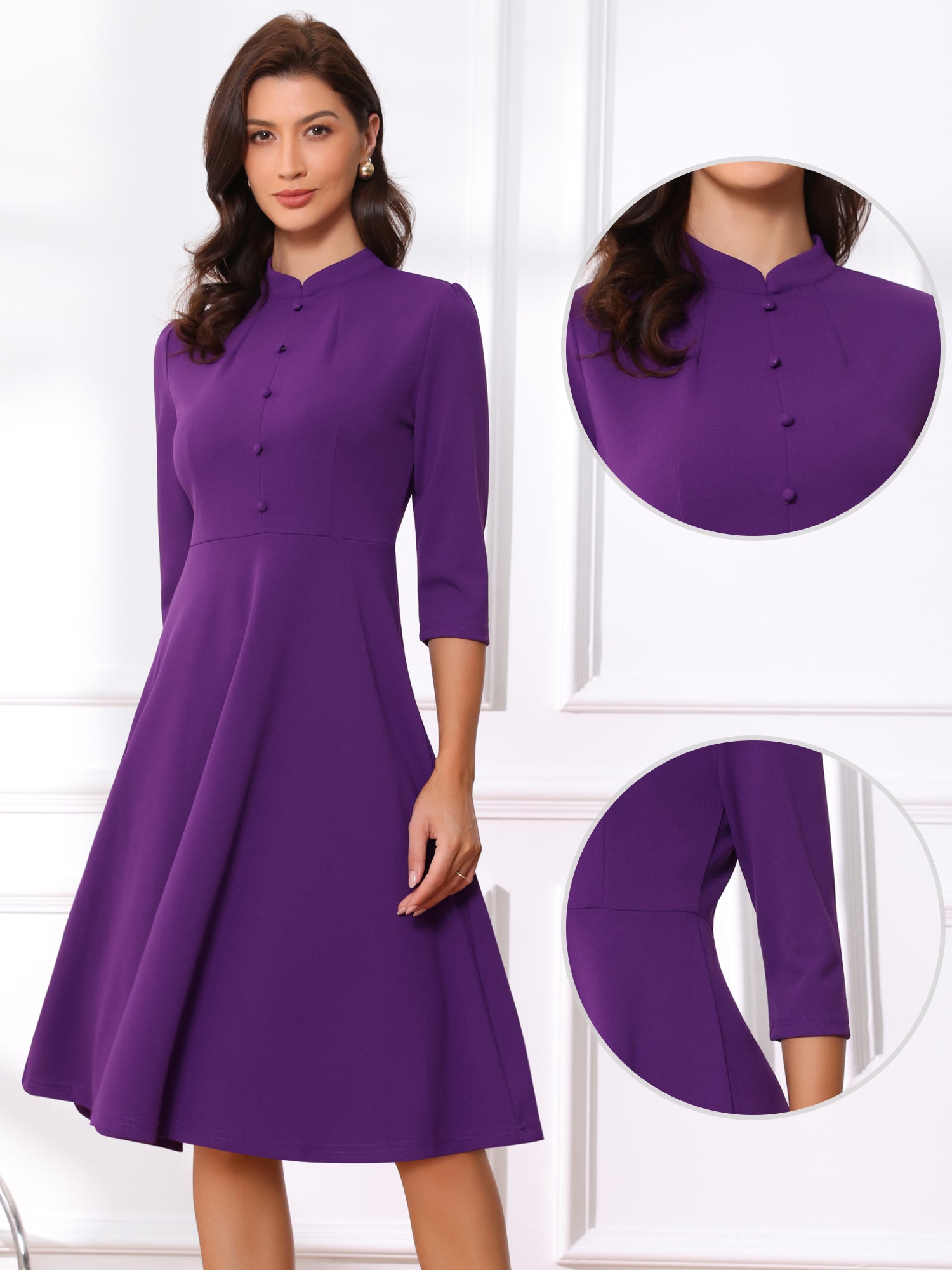 Retro 3/4 Sleeve Stand Collar Office Work Elegant A-Line Dress