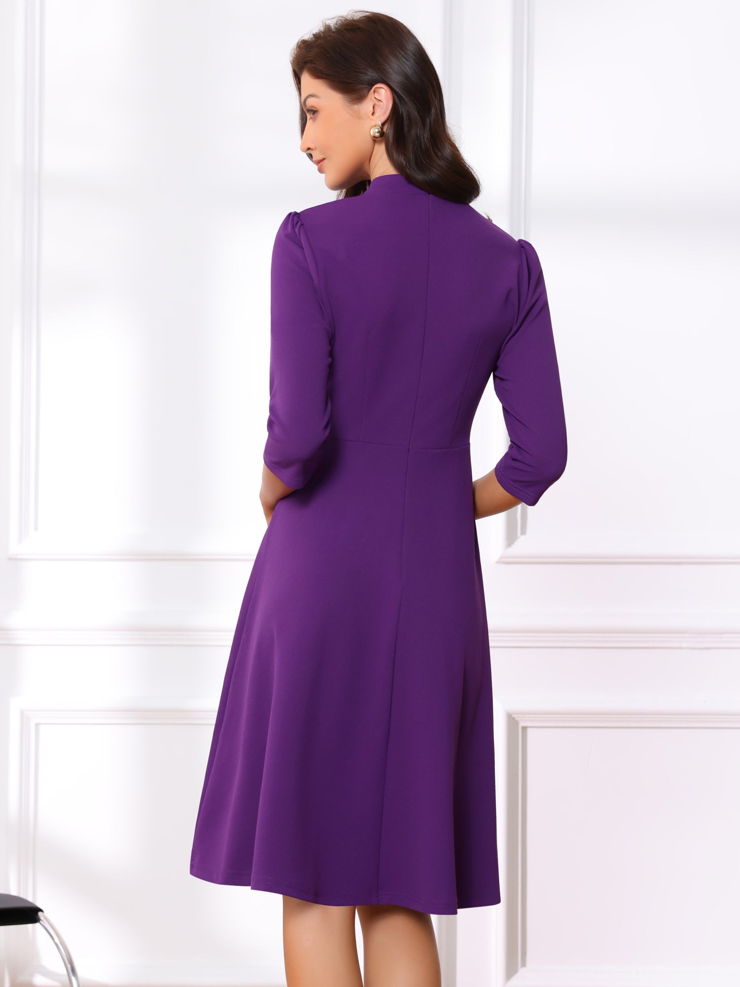 Retro 3/4 Sleeve Stand Collar Office Work Elegant A-Line Dress
