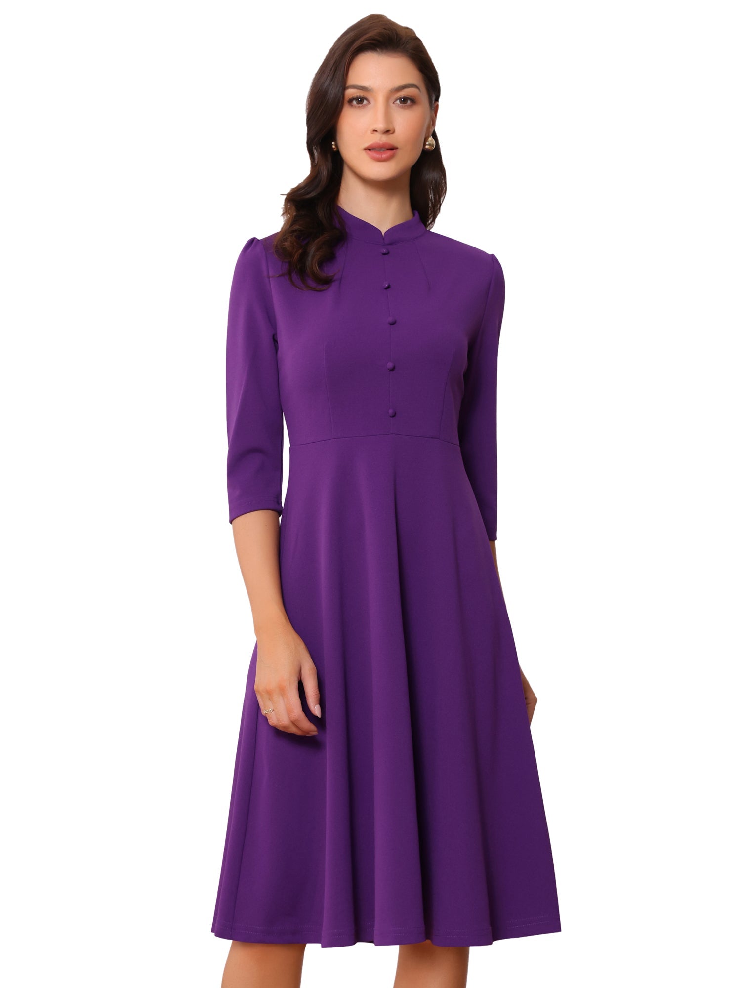 Retro 3/4 Sleeve Stand Collar Office Work Elegant A-Line Dress