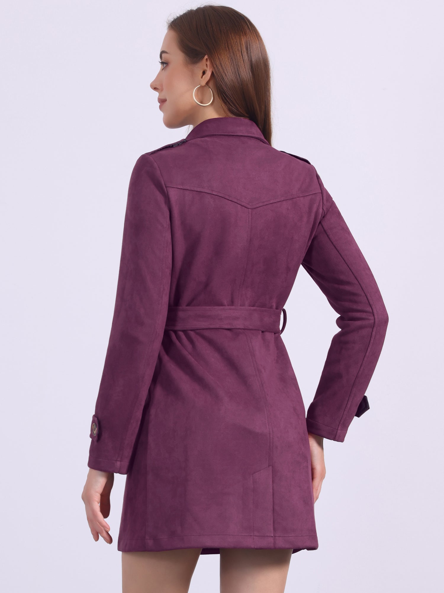 Notched Lapel Double Breasted Faux Suede Trench Coat Jacket with Belt