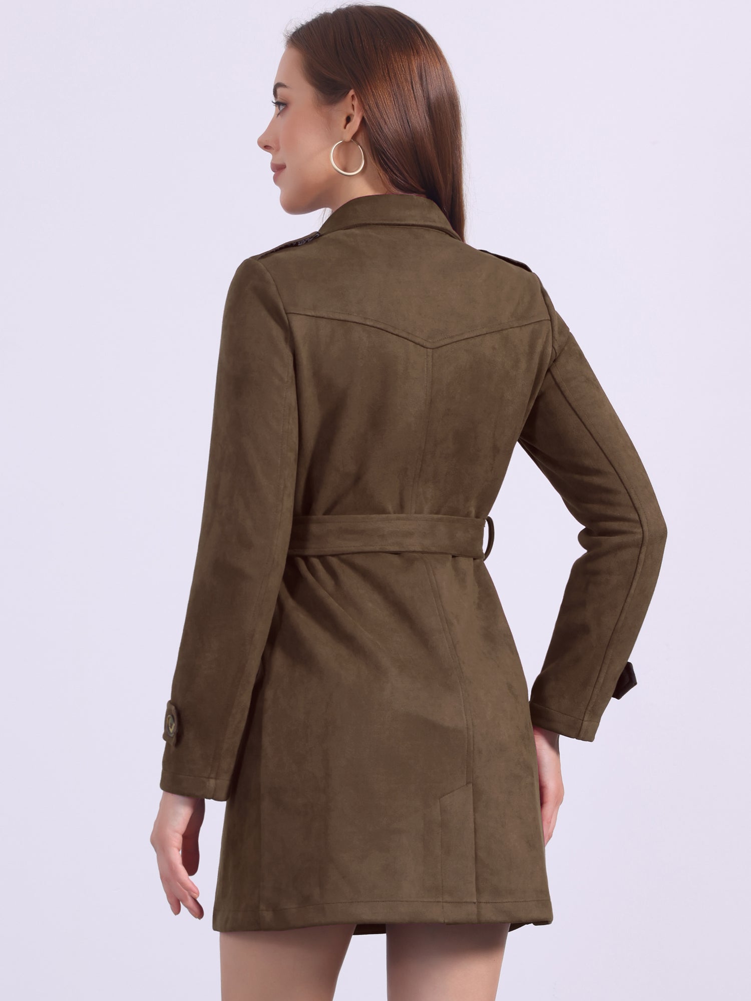 Notched Lapel Double Breasted Faux Suede Trench Coat Jacket with Belt
