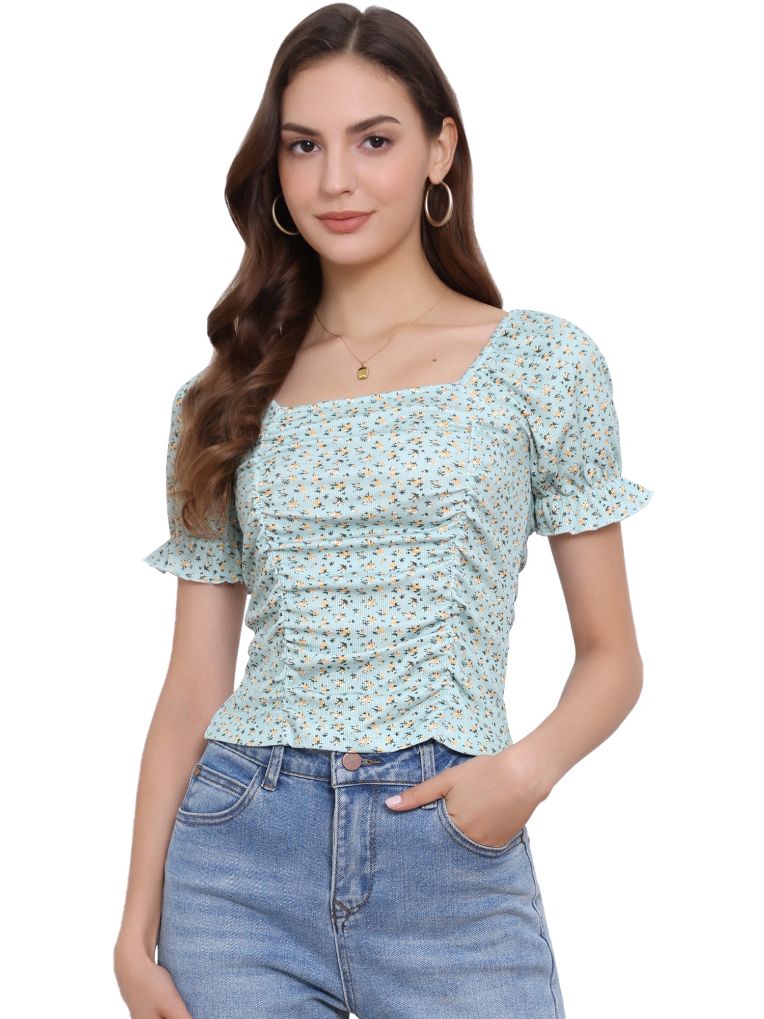 Smocked Crop Top Slim Fit Peasant Floral Blouse