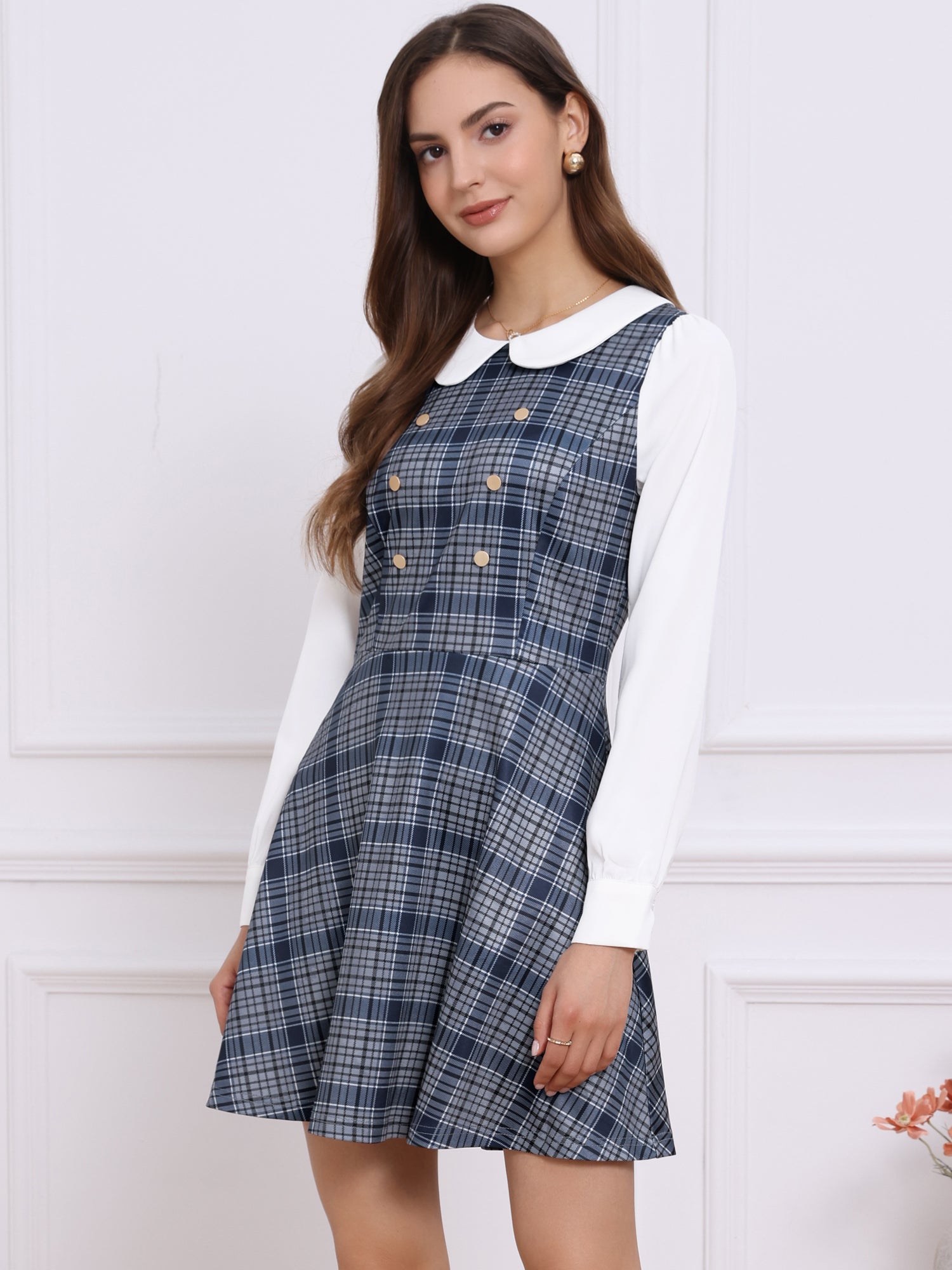 Peter Pan Collar Contrast Color Button Decor Plaid Dress