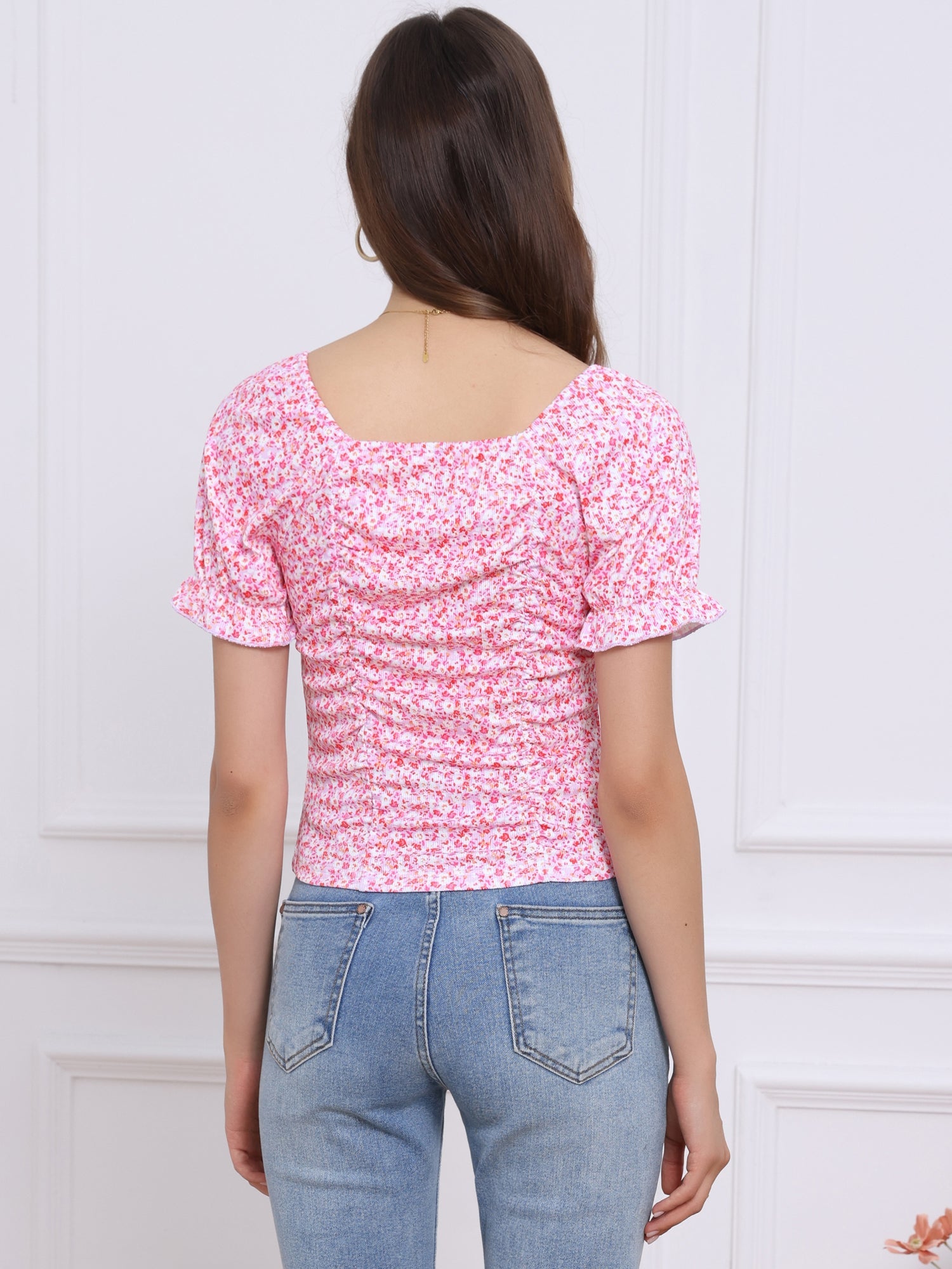 Smocked Crop Top Slim Fit Peasant Floral Blouse