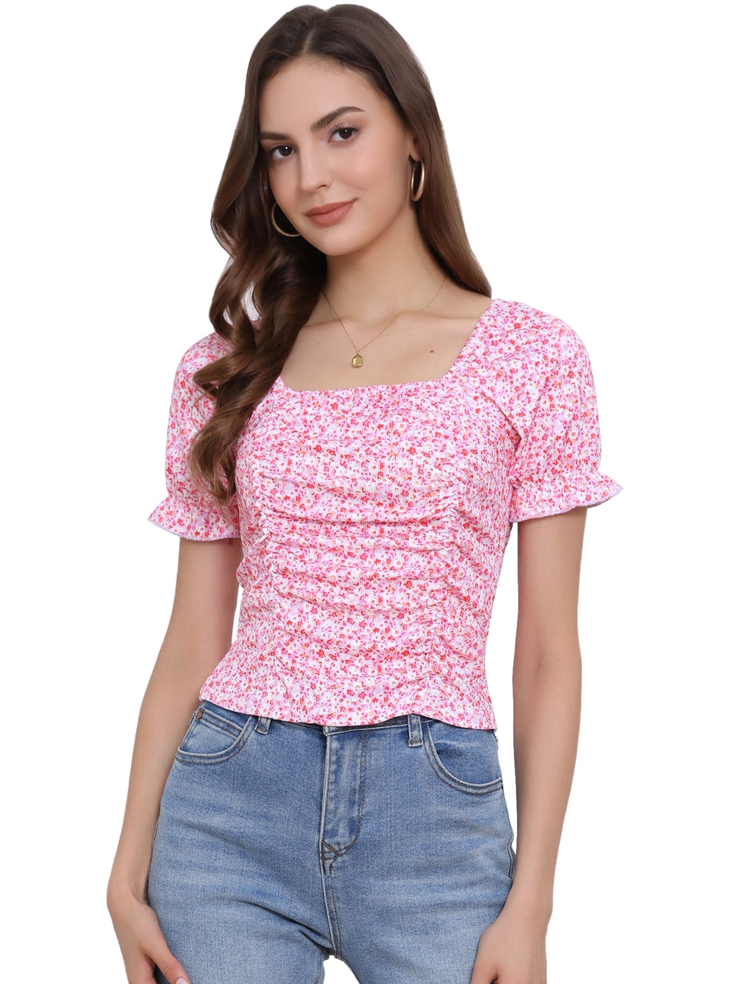Smocked Crop Top Slim Fit Peasant Floral Blouse