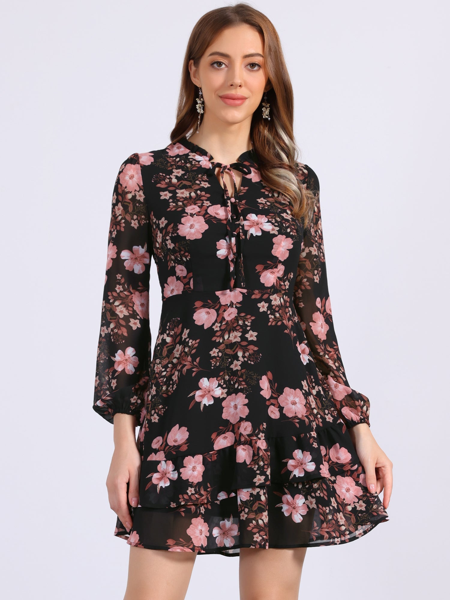 Floral V Neck Semi Sheer Layered Tiered Mini Dress
