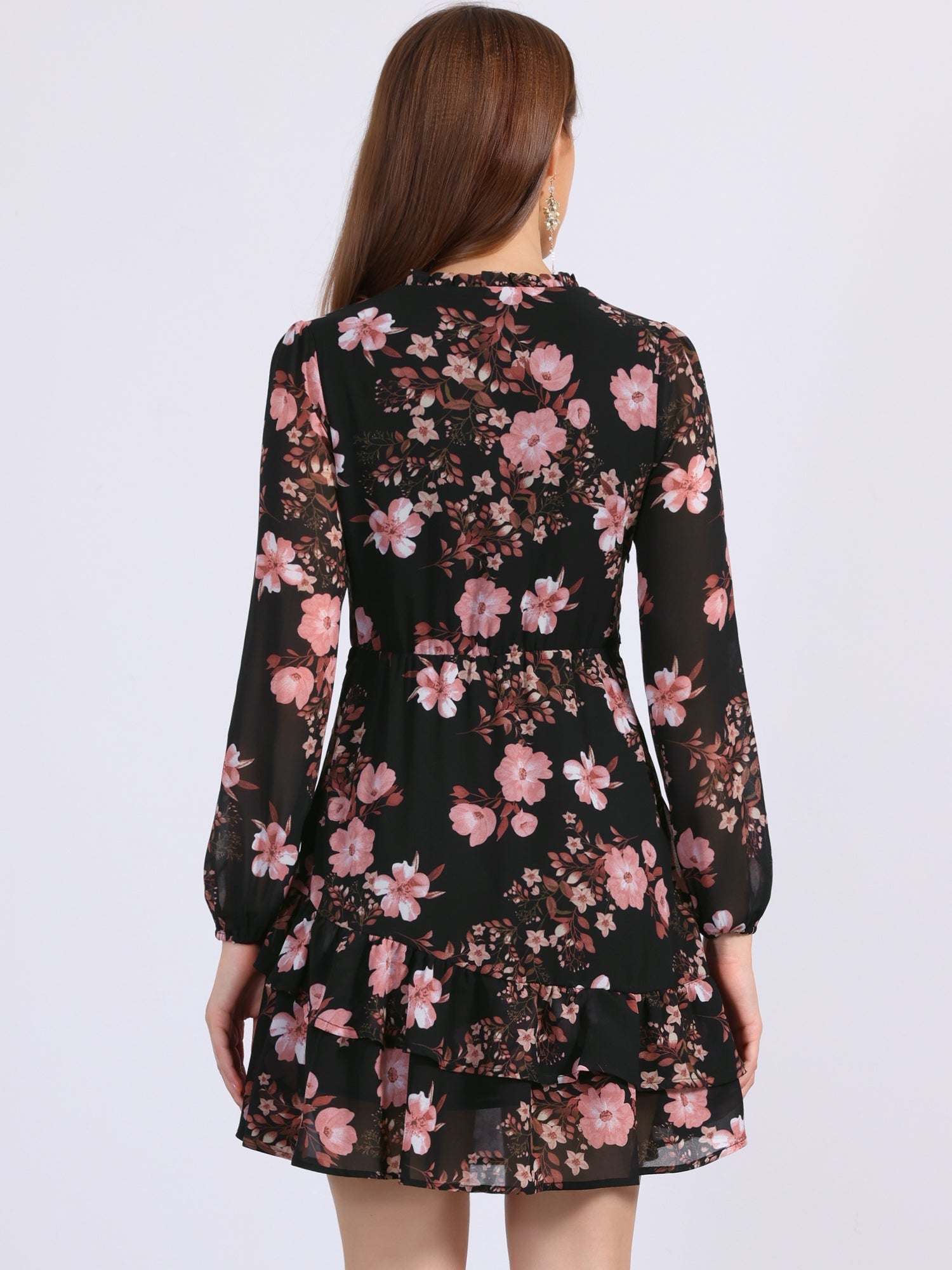 Floral V Neck Semi Sheer Layered Tiered Mini Dress