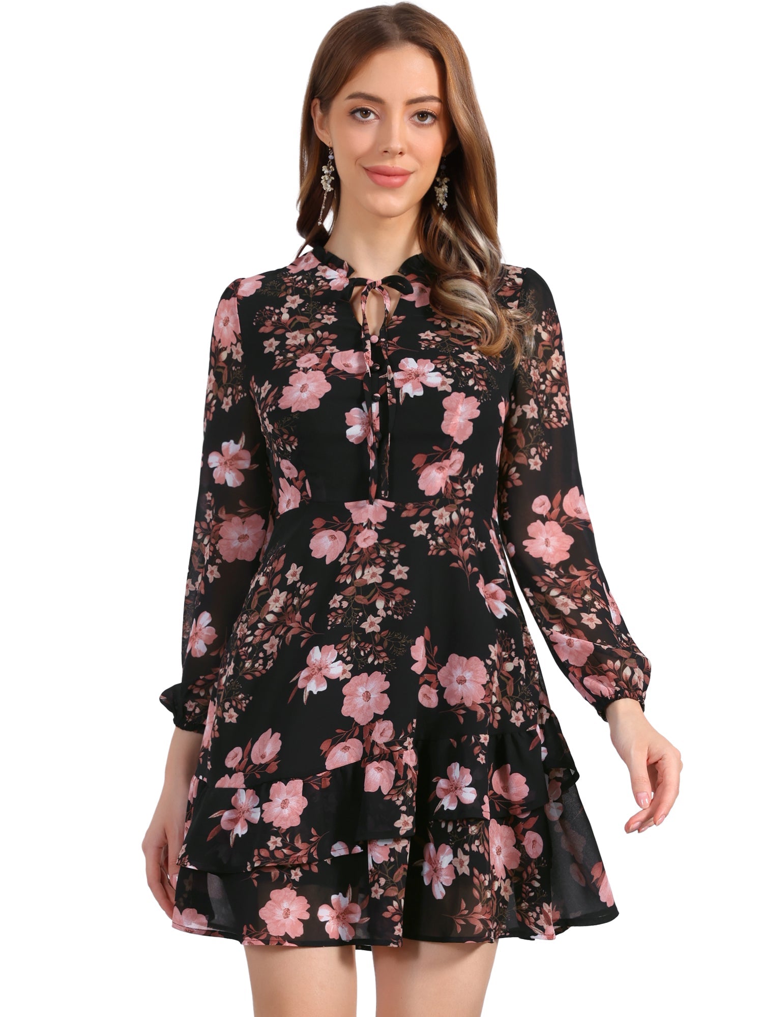 Floral V Neck Semi Sheer Layered Tiered Mini Dress