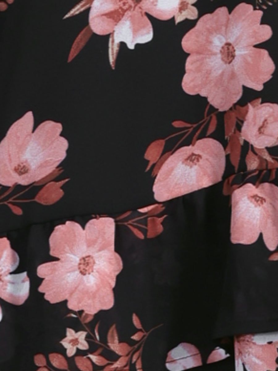 Floral V Neck Semi Sheer Layered Tiered Mini Dress