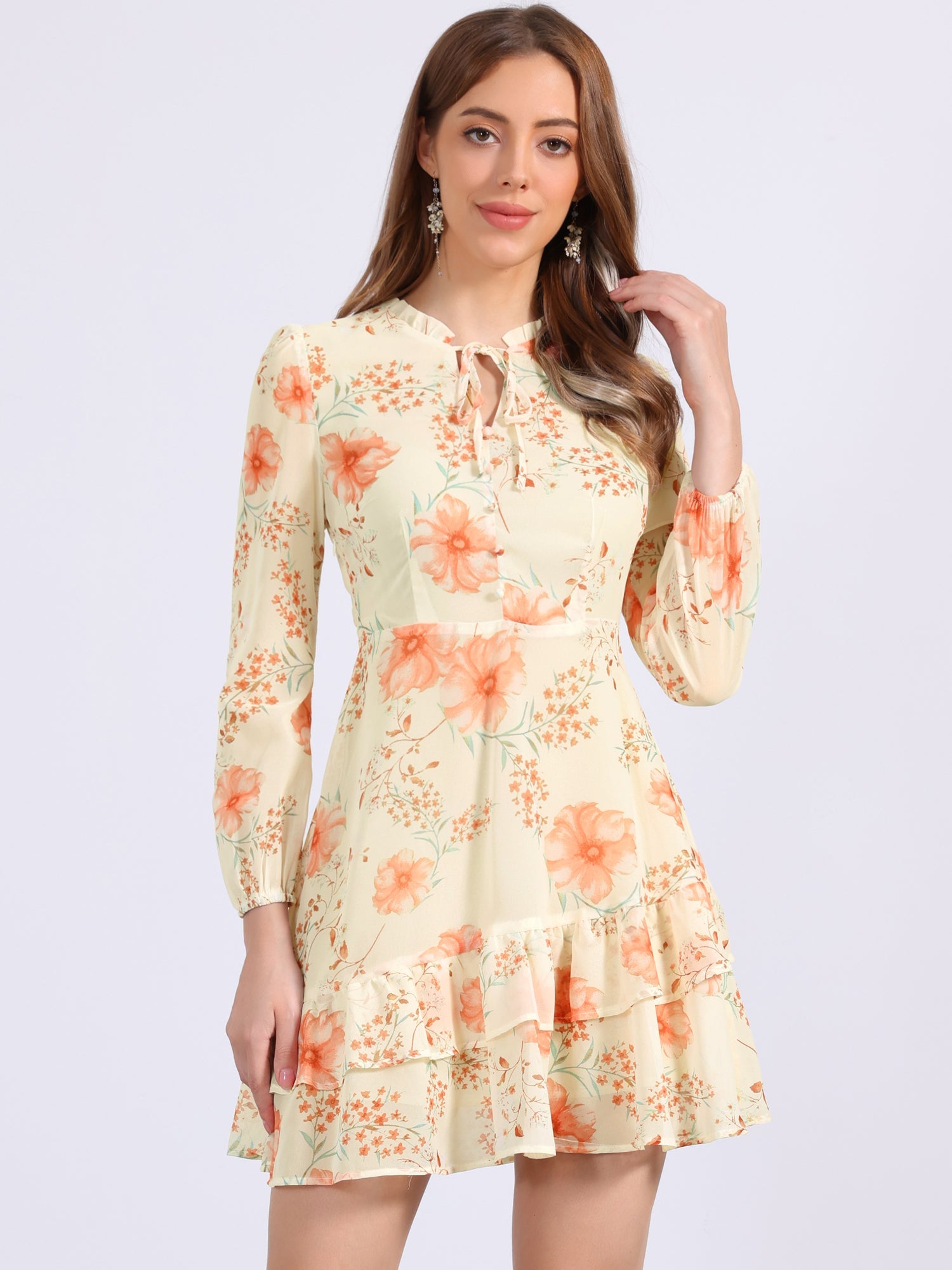 Floral V Neck Semi Sheer Layered Tiered Mini Dress