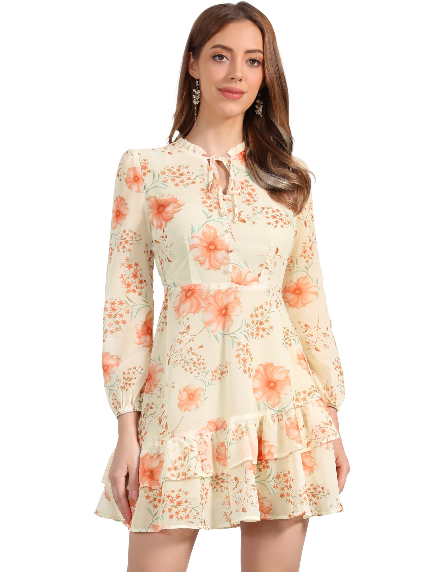 Floral V Neck Semi Sheer Layered Tiered Mini Dress