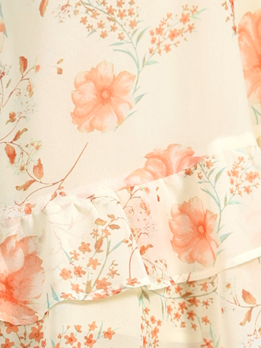 Floral V Neck Semi Sheer Layered Tiered Mini Dress