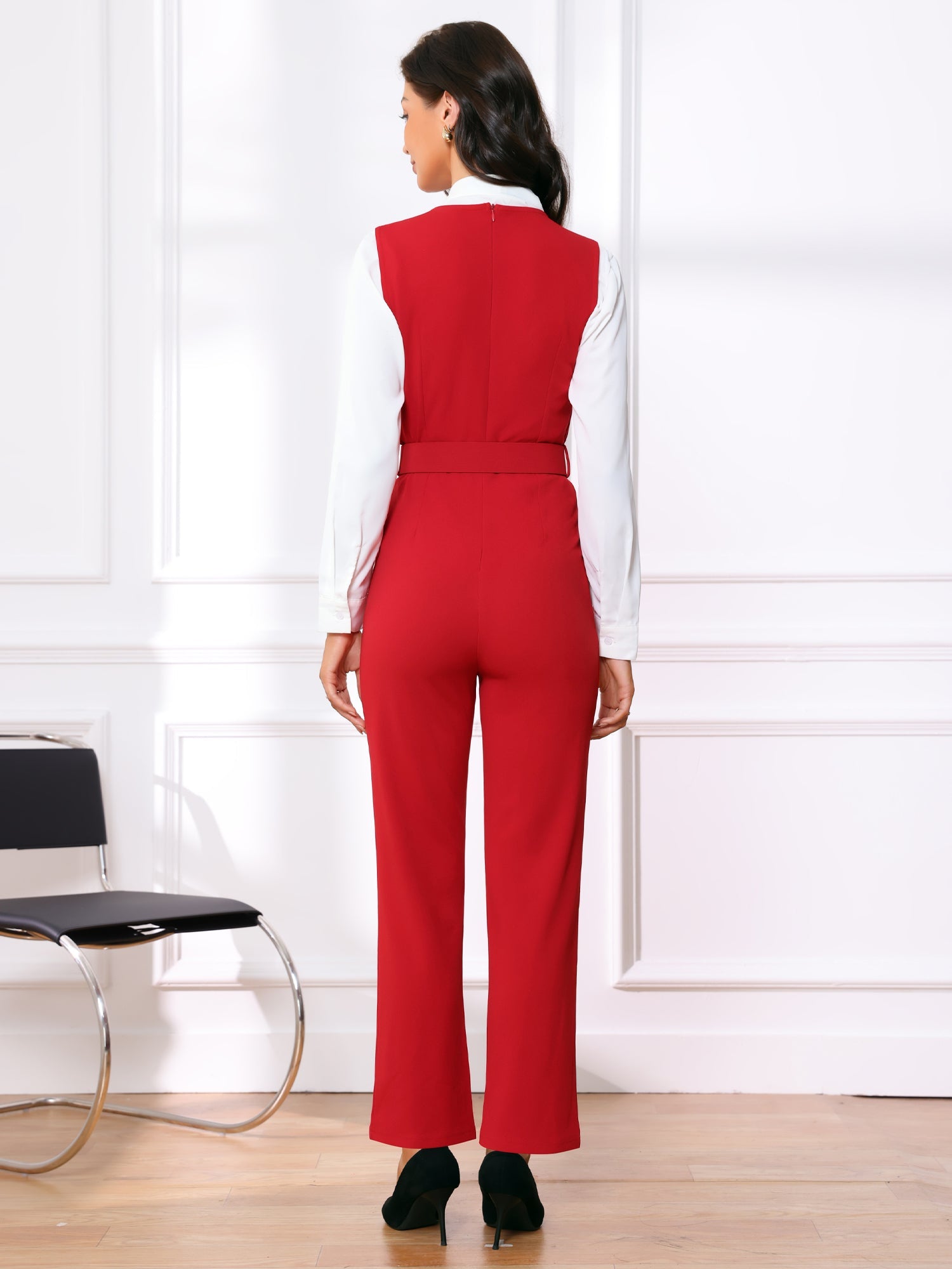High Waisted Belted Sleeveless Long Suspender Overall Jumpsuit