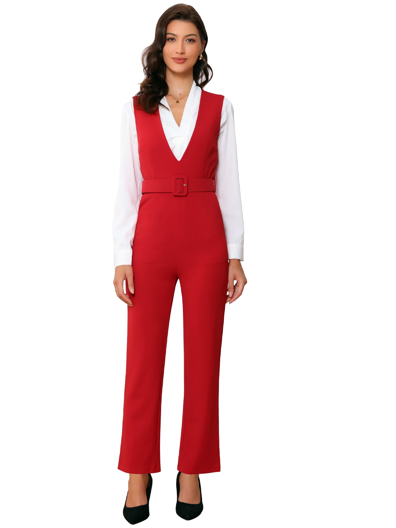 High Waisted Belted Sleeveless Long Suspender Overall Jumpsuit