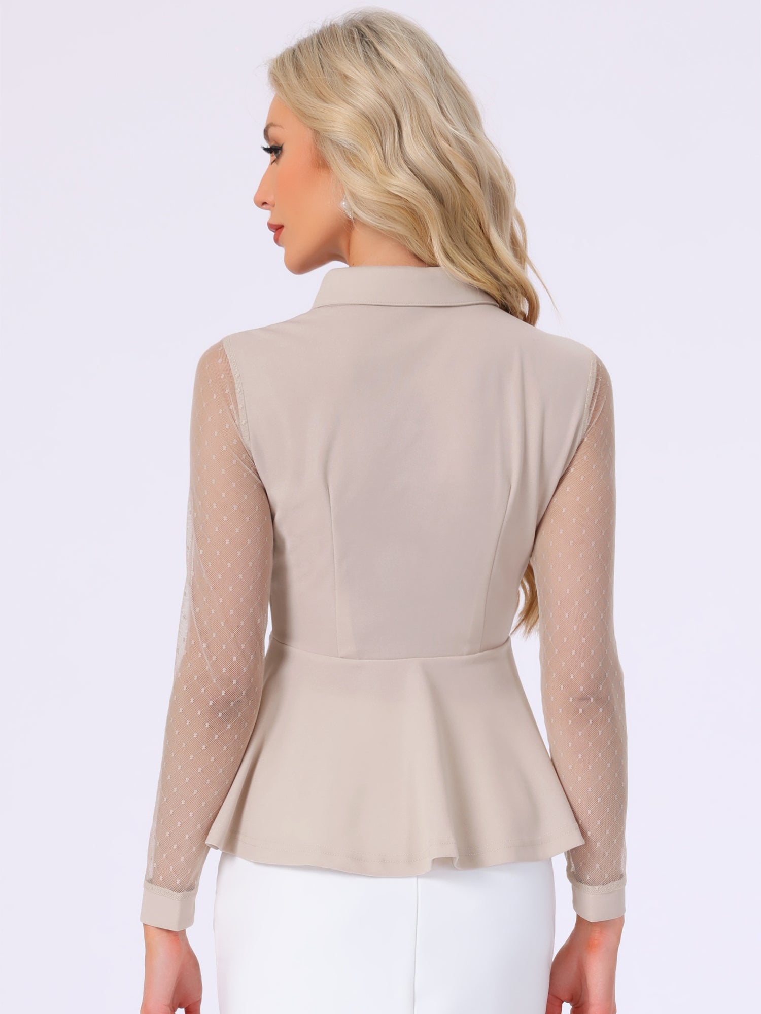 Mesh Sheer Long Sleeve Blouse Turn Down Collar Keyhole Peplum Top