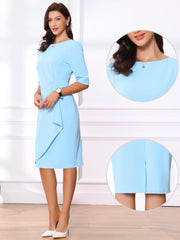 Ruched Puff Short Sleeve Work Sheath Midi Dress