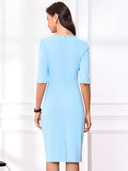 Ruched Puff Short Sleeve Work Sheath Midi Dress