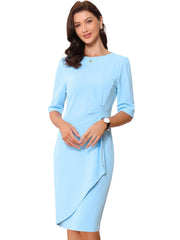 Ruched Puff Short Sleeve Work Sheath Midi Dress