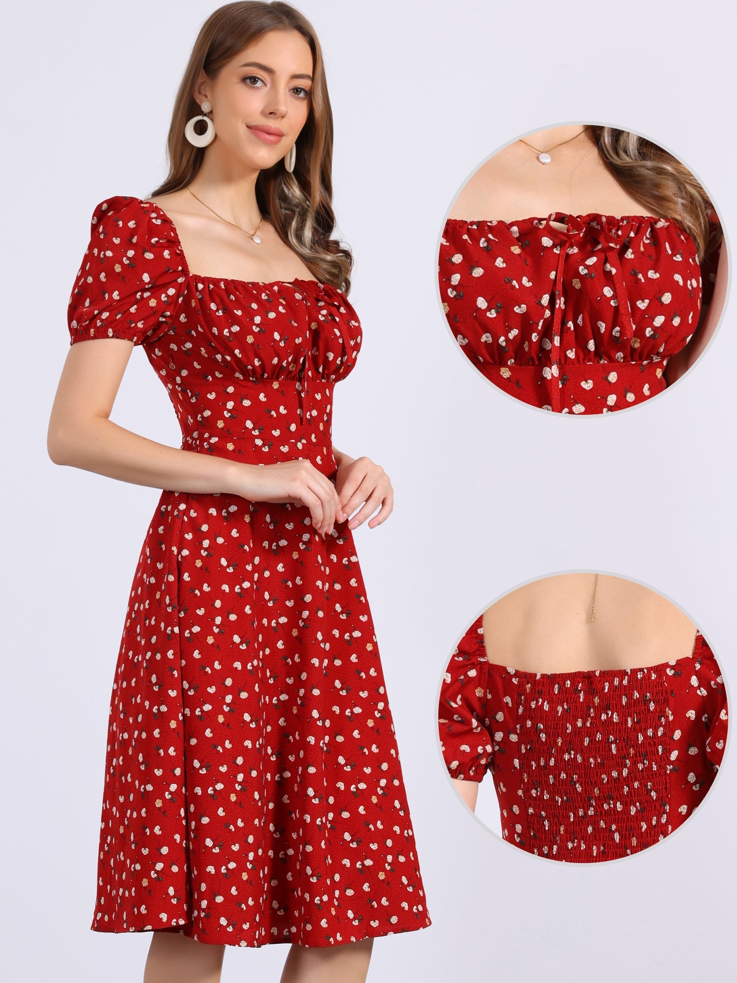 Square Neck Smocked Shirred Puff Sleeves Floral Midi Dress