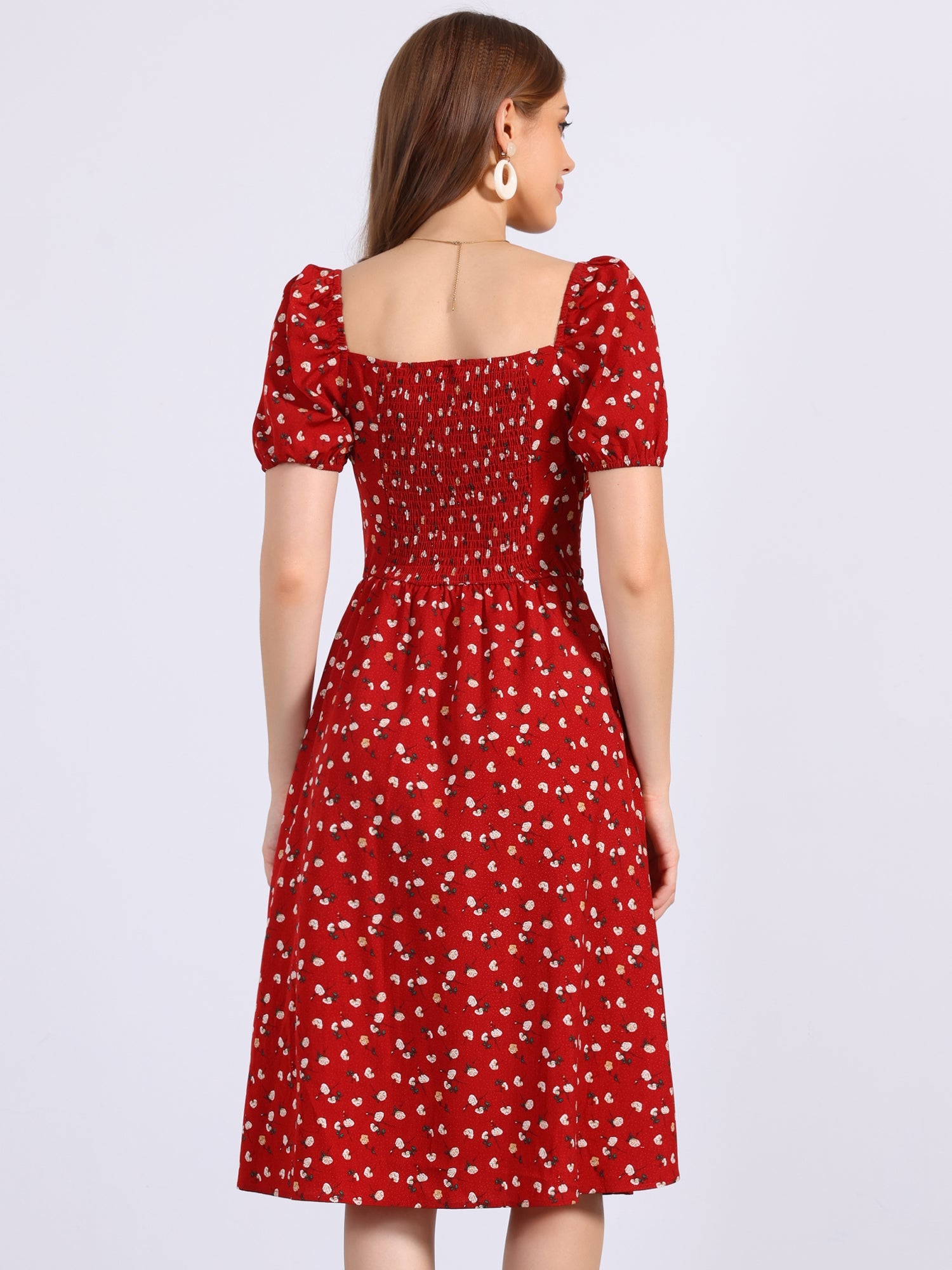 Square Neck Smocked Shirred Puff Sleeves Floral Midi Dress
