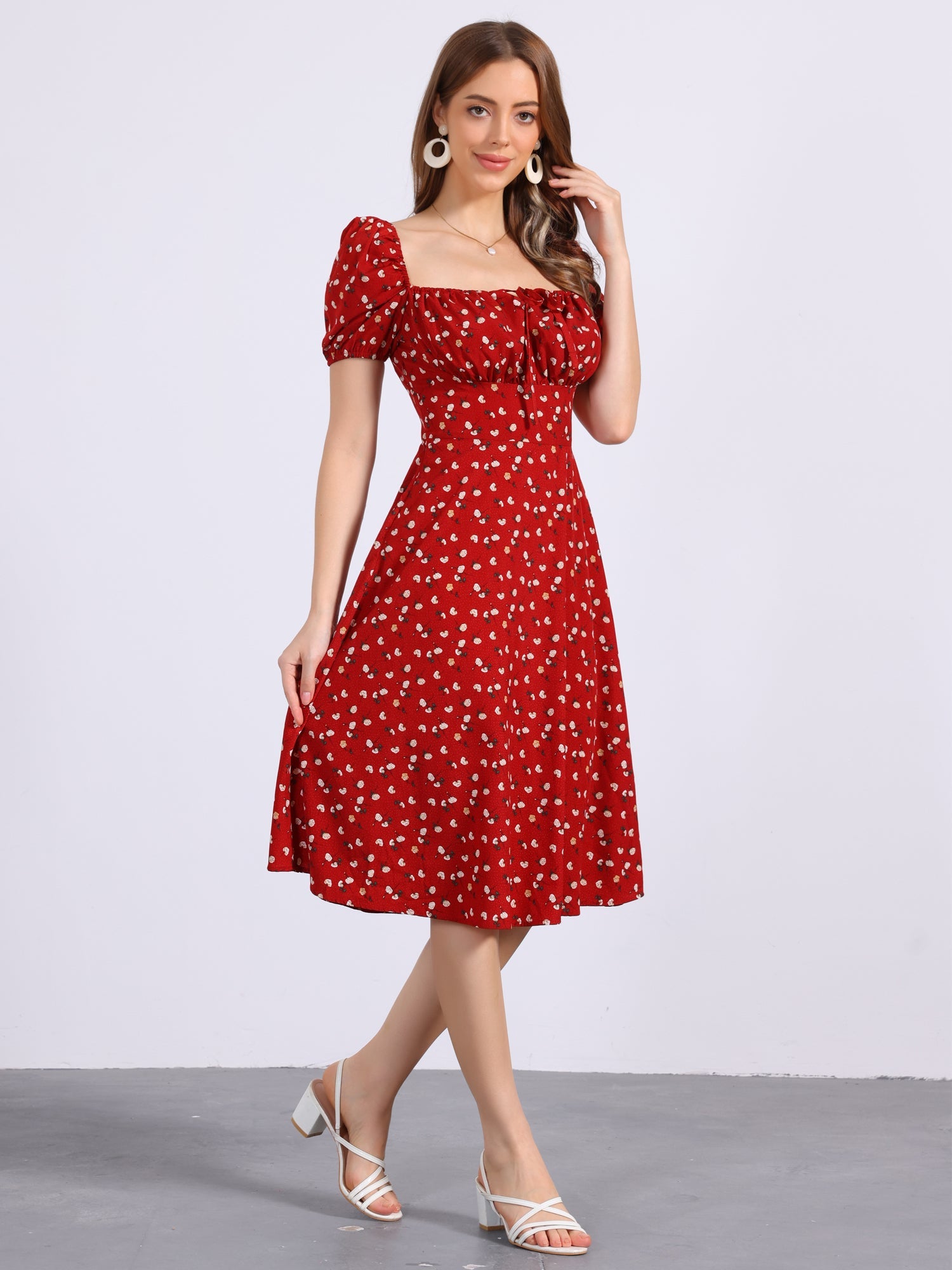 Square Neck Smocked Shirred Puff Sleeves Floral Midi Dress