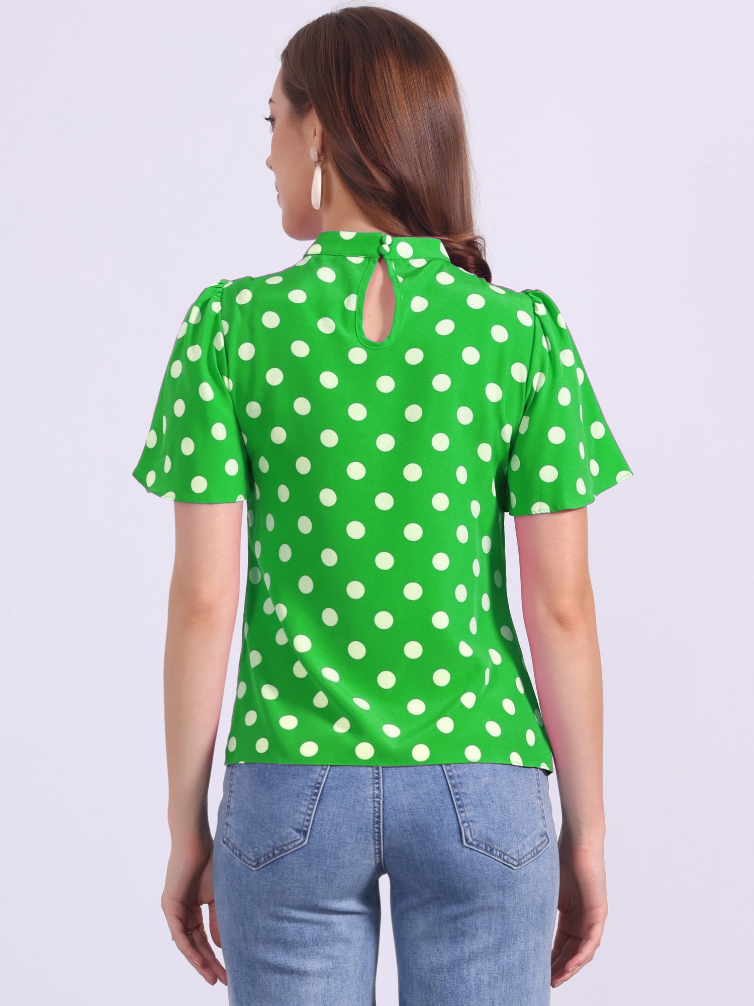 Polka Dots Stand Collar Pleat Keyhole Short Flare Sleeve Blouse