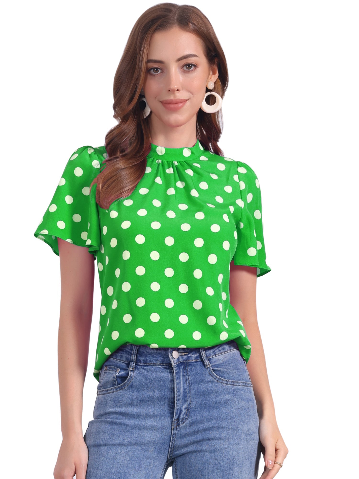 Polka Dots Stand Collar Pleat Keyhole Short Flare Sleeve Blouse