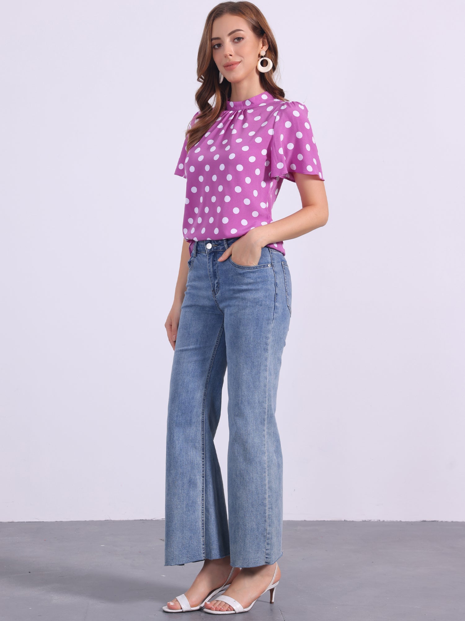 Polka Dots Stand Collar Pleat Keyhole Short Flare Sleeve Blouse