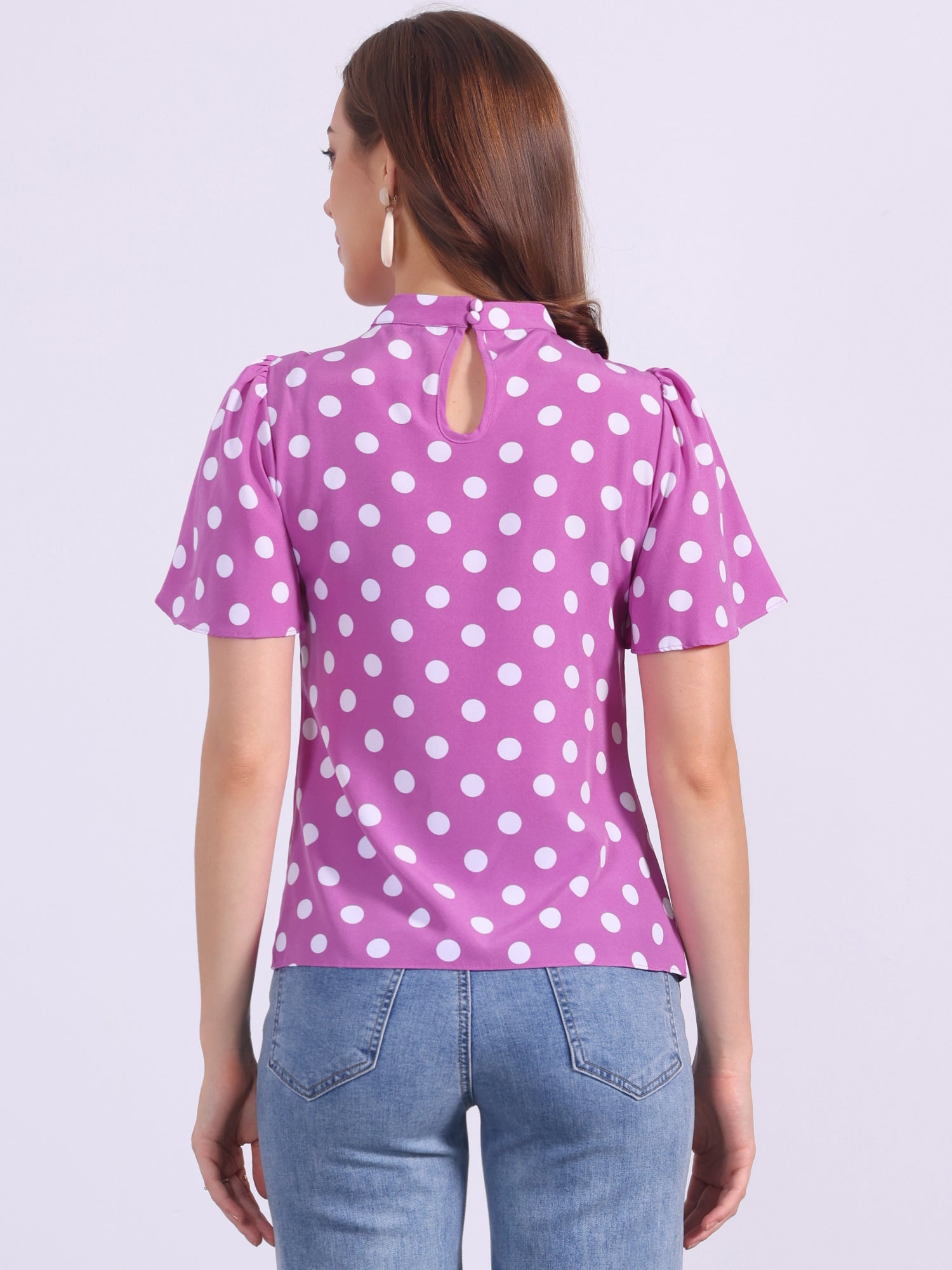 Polka Dots Stand Collar Pleat Keyhole Short Flare Sleeve Blouse