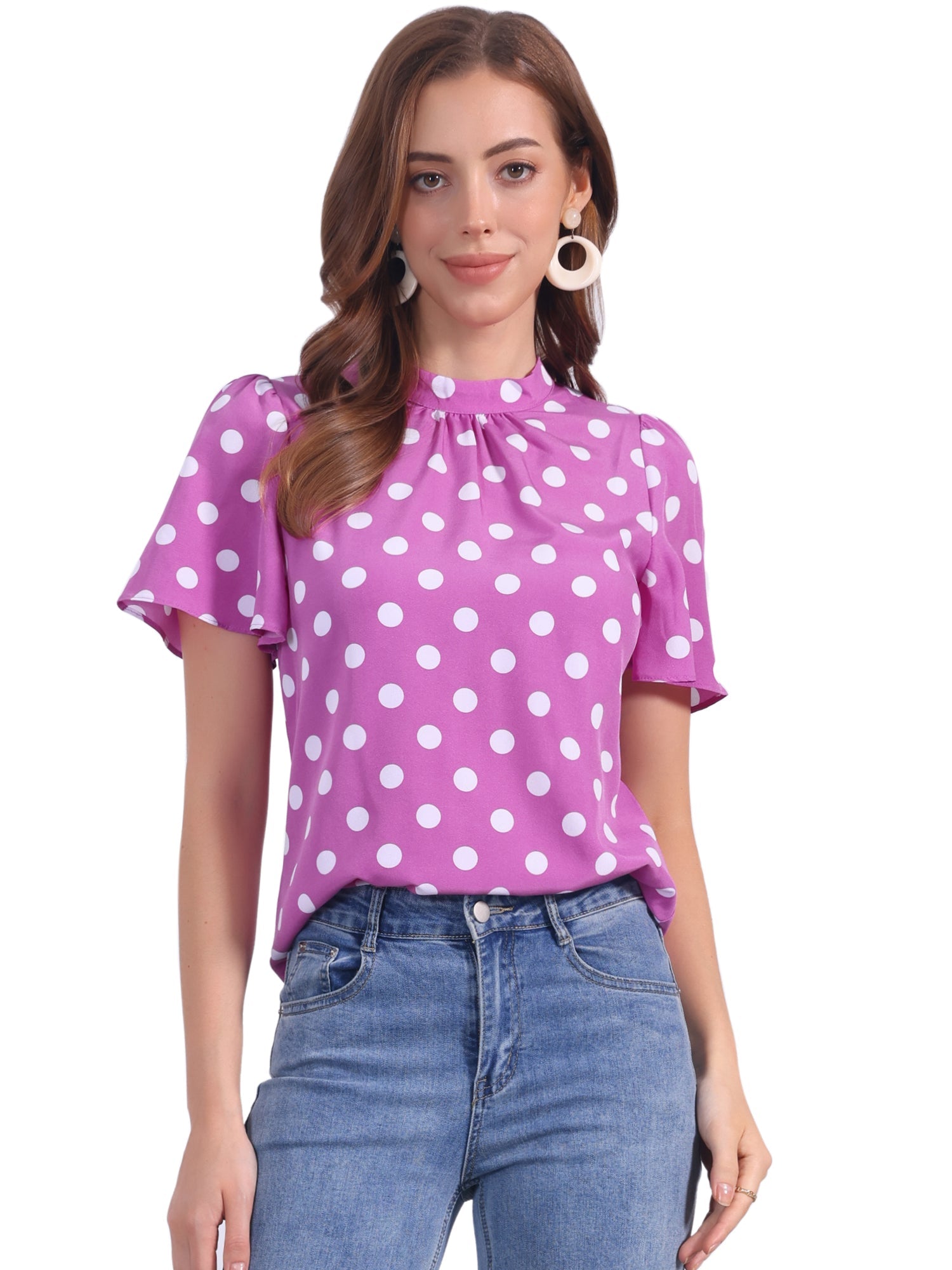 Polka Dots Stand Collar Pleat Keyhole Short Flare Sleeve Blouse