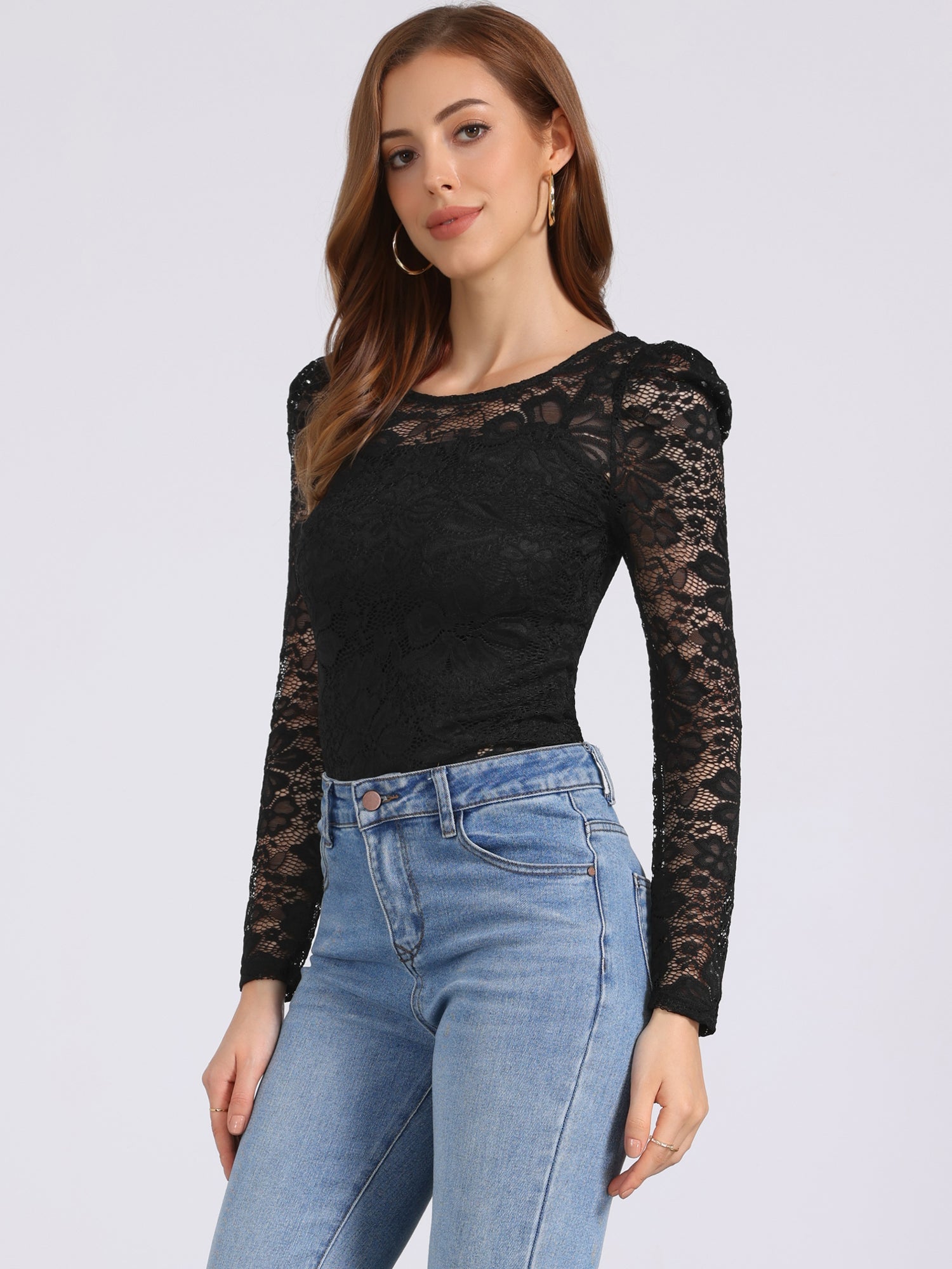 Retro Semi Sheer Puff Long Sleeve Embroidery Lace Blouse