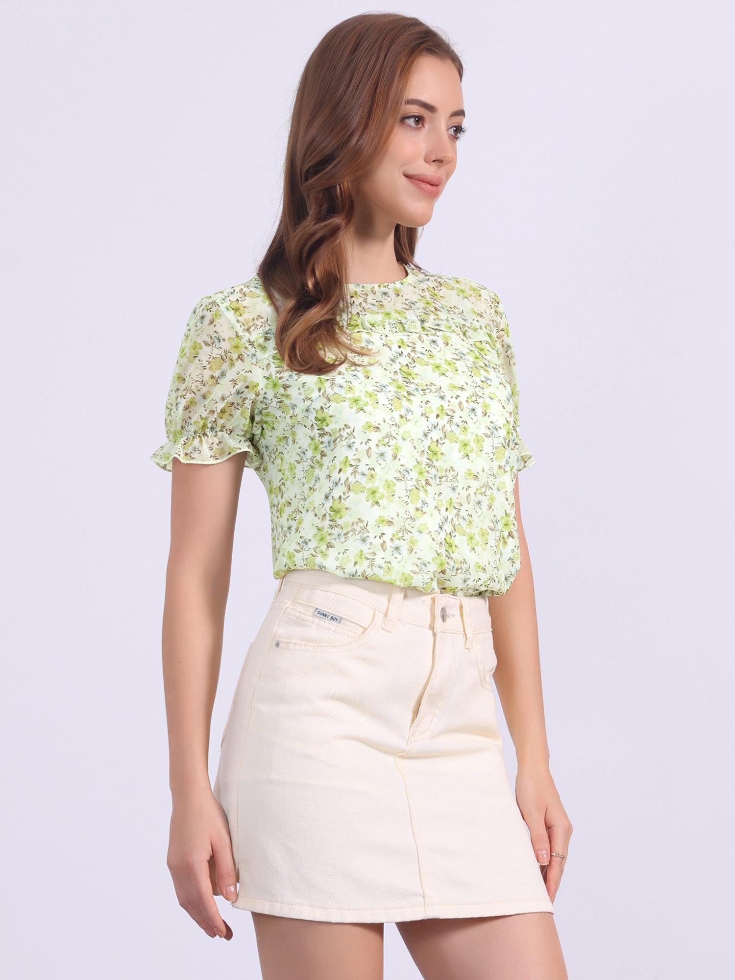 Chiffon Short Sleeve Ruffled Trim Floral Blouse Top