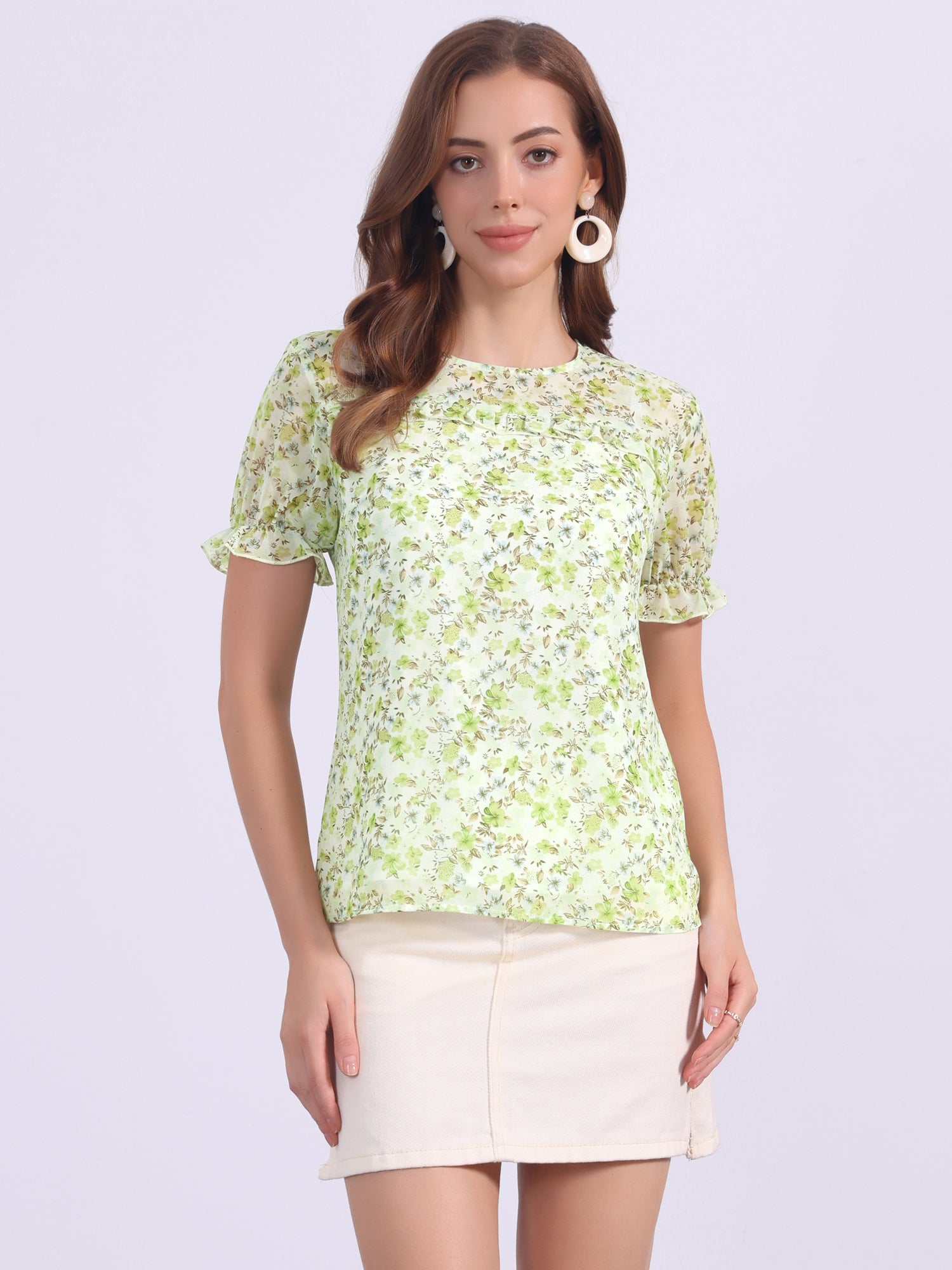 Chiffon Short Sleeve Ruffled Trim Floral Blouse Top