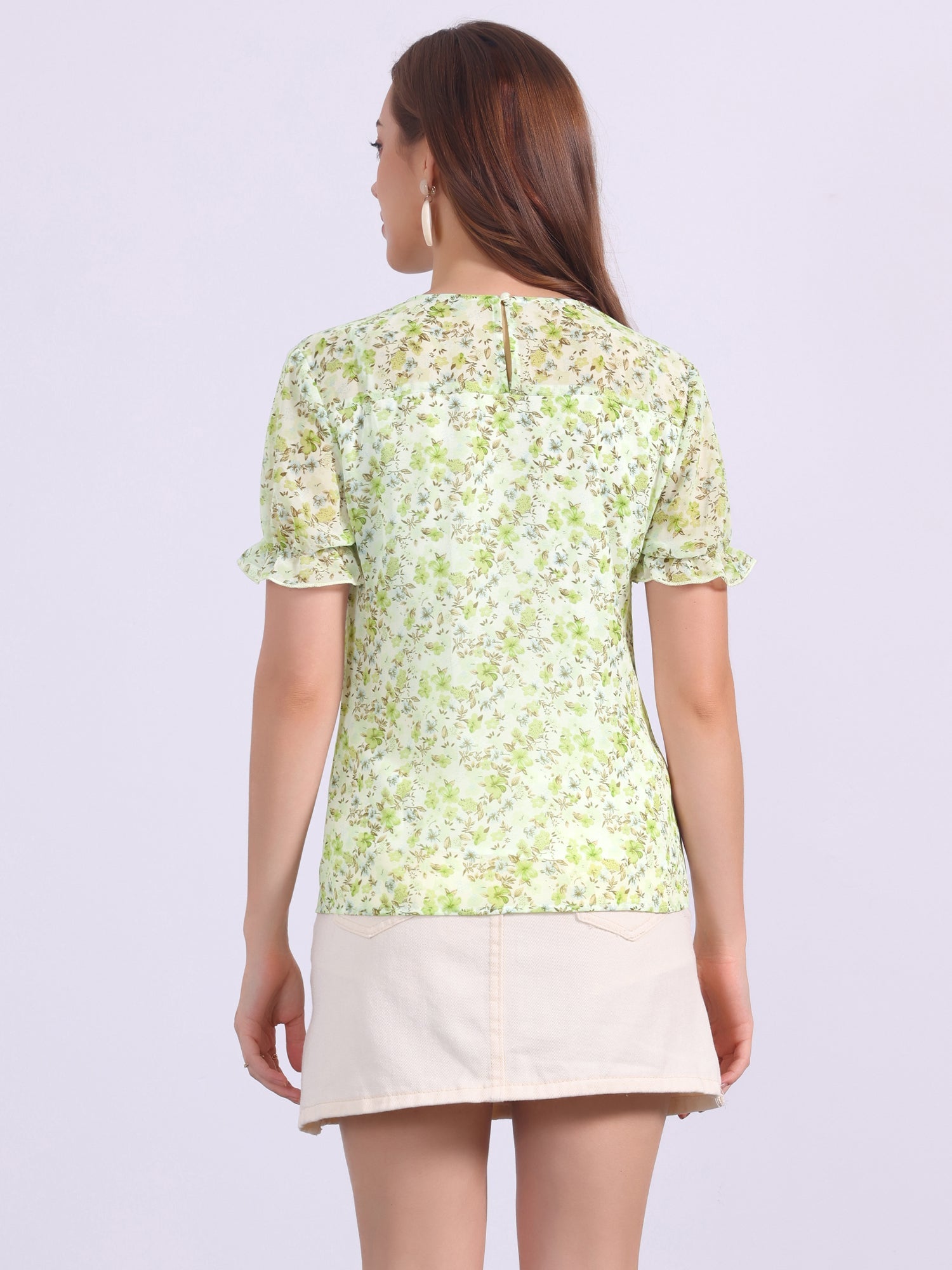 Chiffon Short Sleeve Ruffled Trim Floral Blouse Top