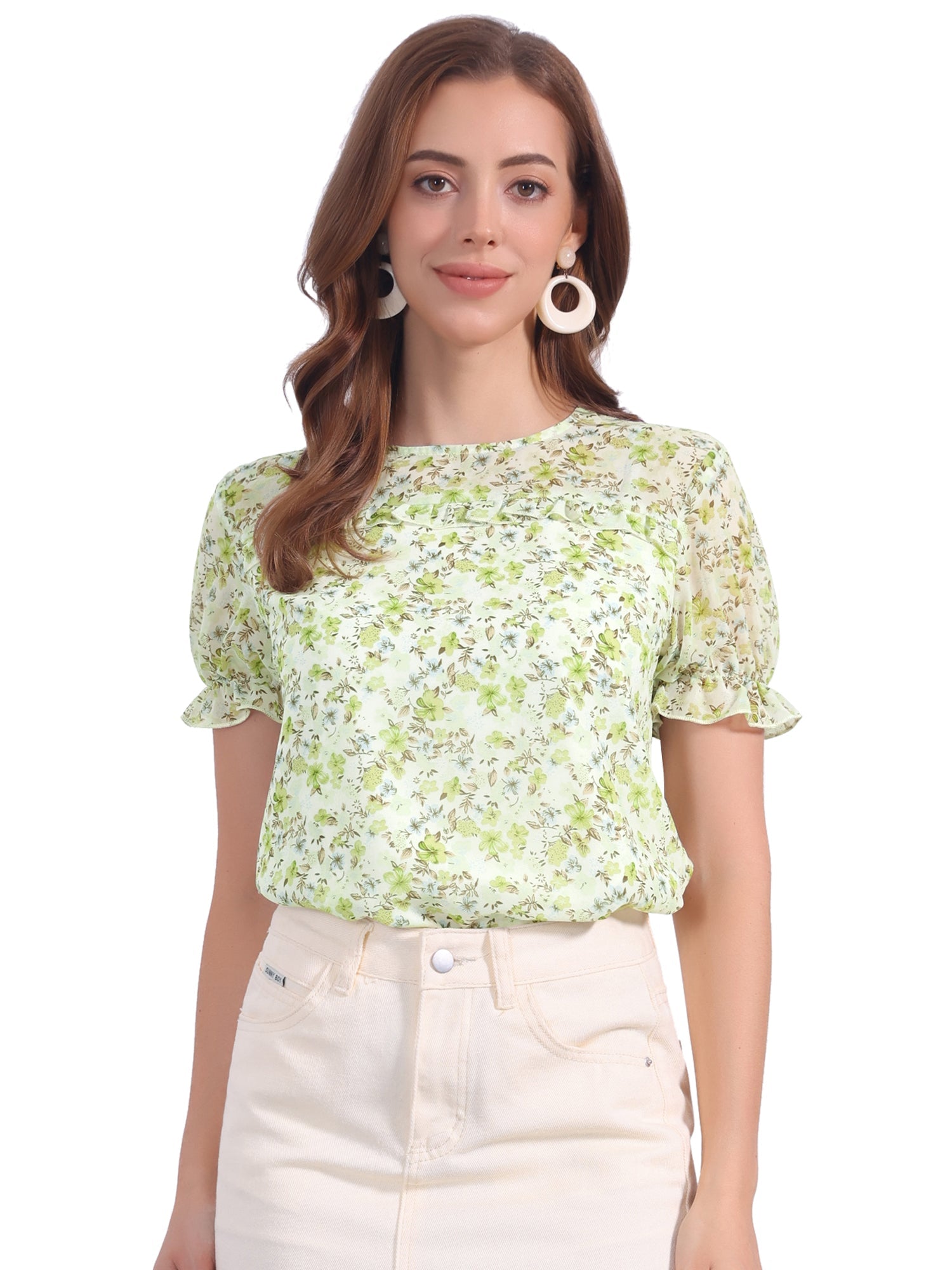 Chiffon Short Sleeve Ruffled Trim Floral Blouse Top
