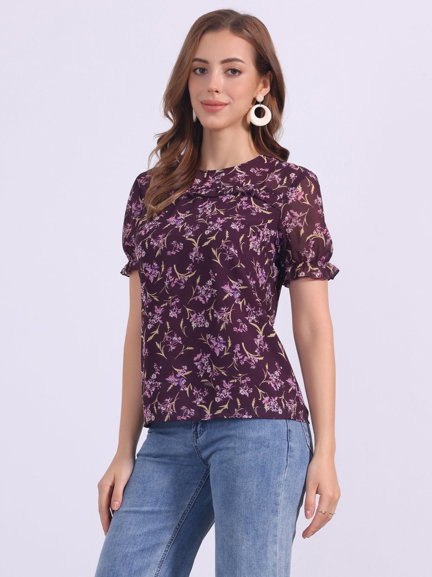 Chiffon Short Sleeve Ruffled Trim Floral Blouse Top