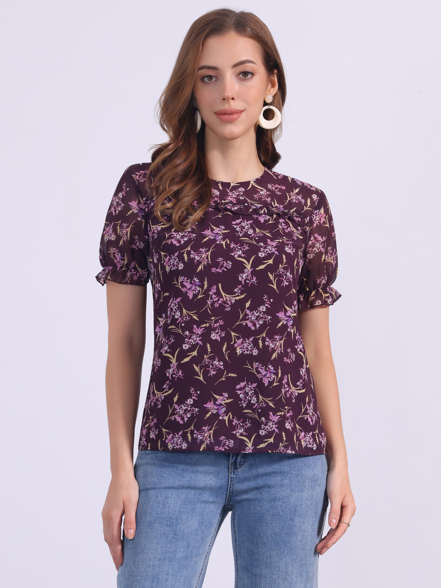 Chiffon Short Sleeve Ruffled Trim Floral Blouse Top