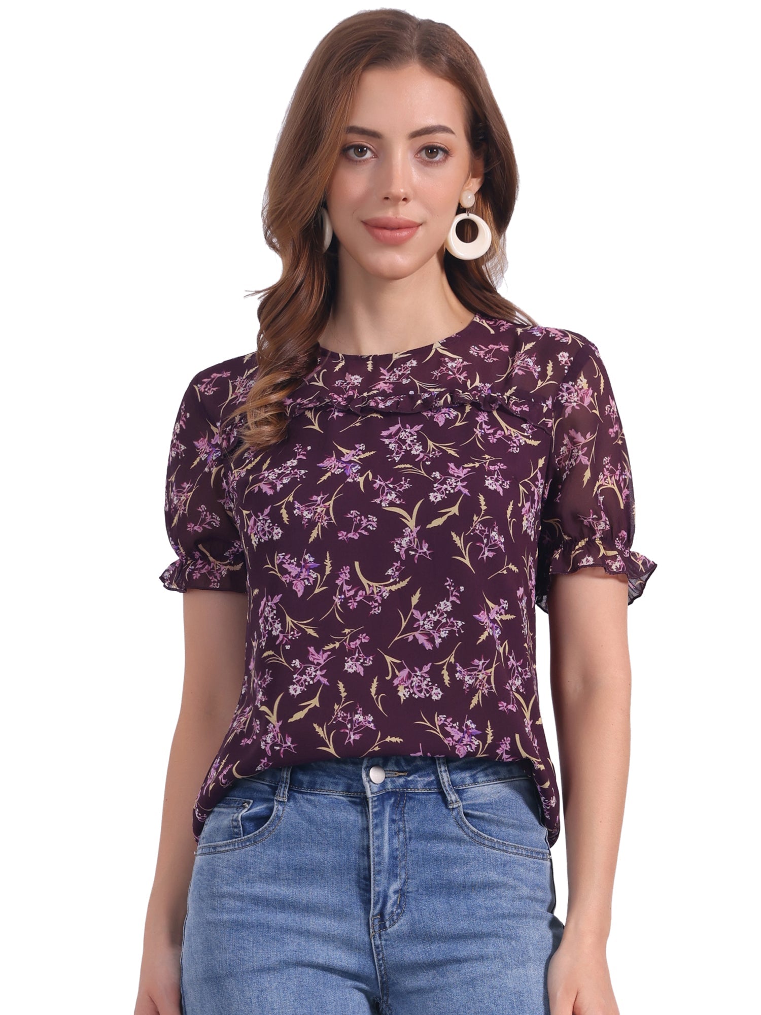 Chiffon Short Sleeve Ruffled Trim Floral Blouse Top