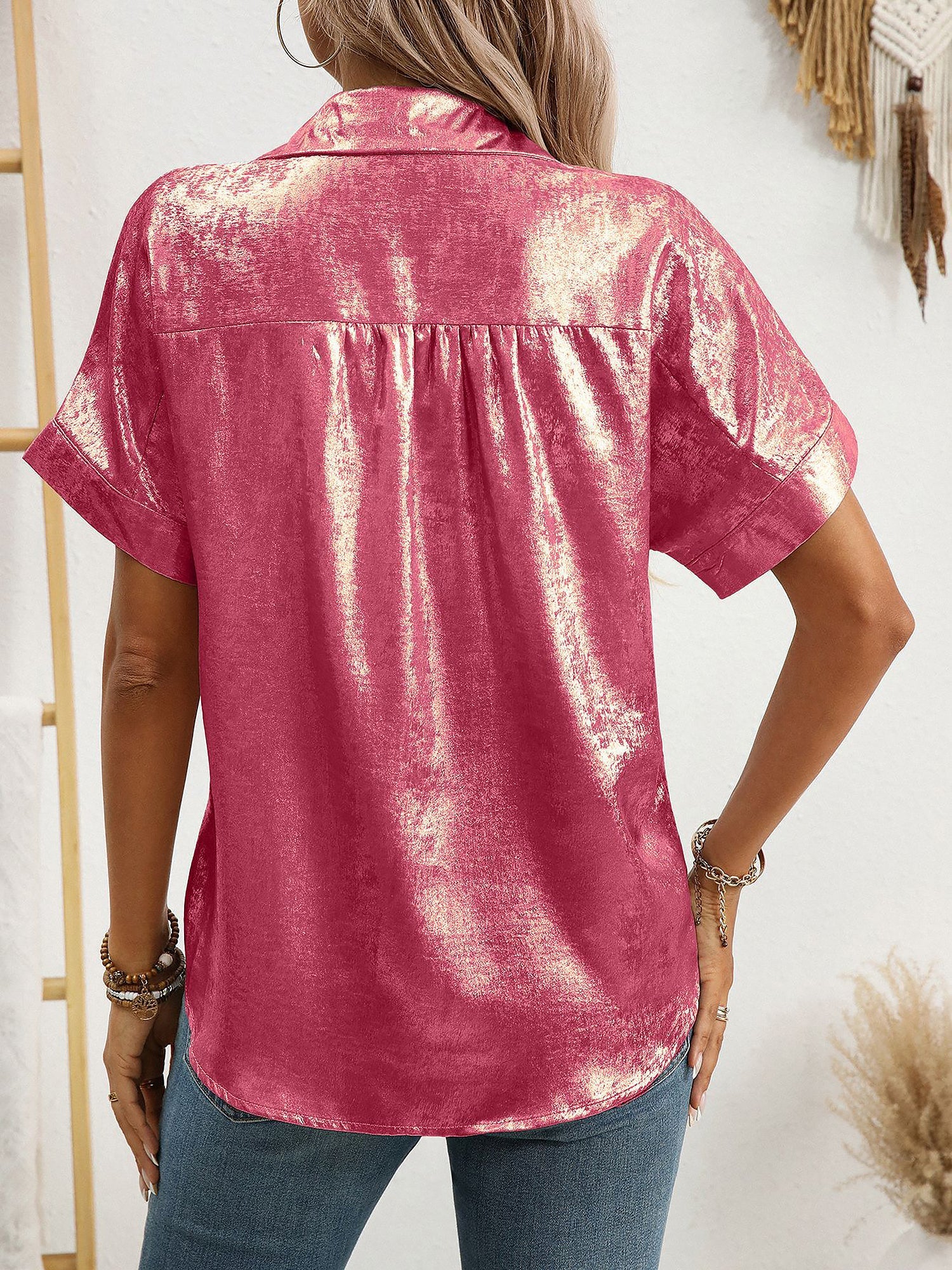 Notched Lapel Metallic Button Down Shirt