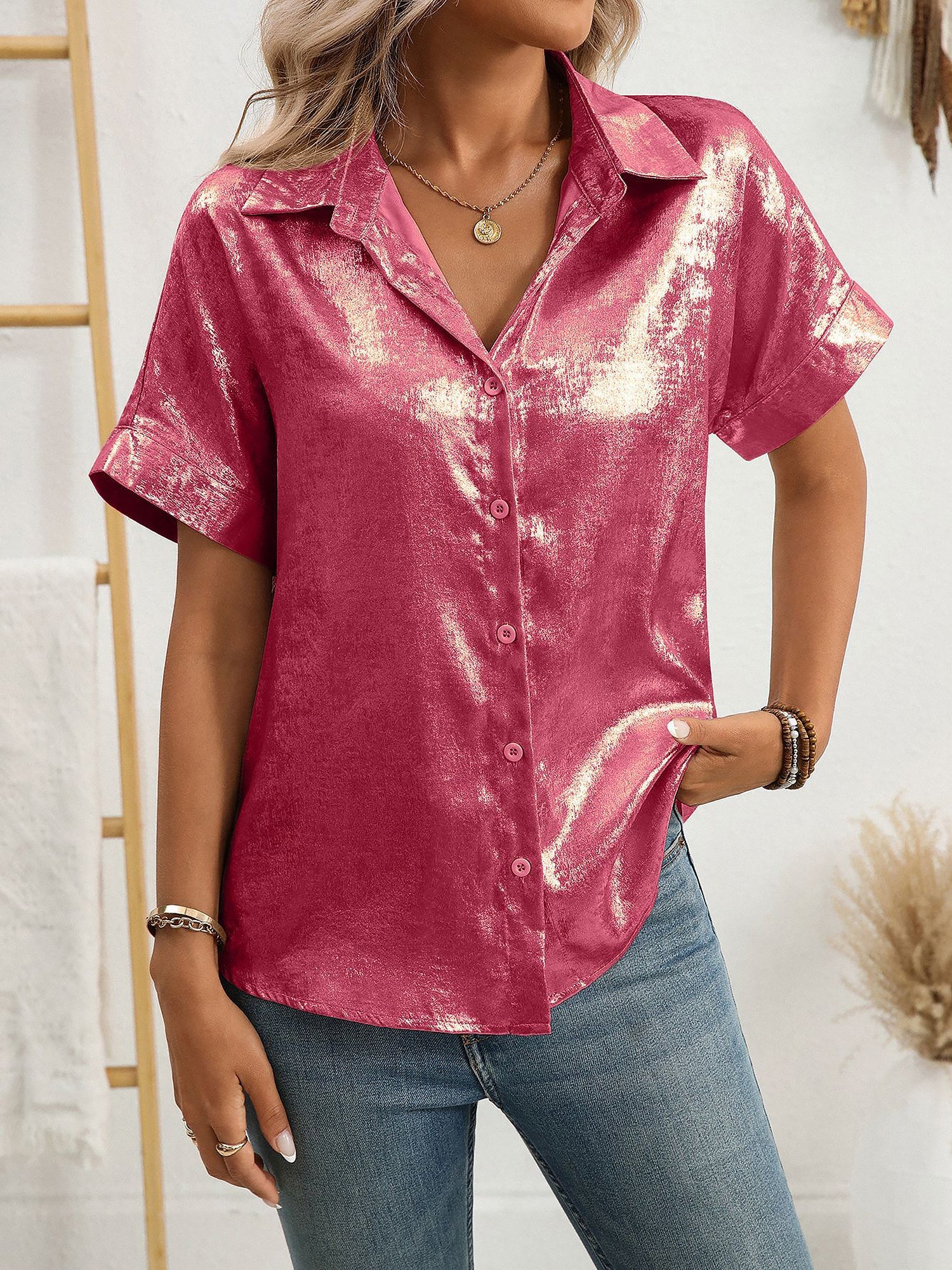 Notched Lapel Metallic Button Down Shirt