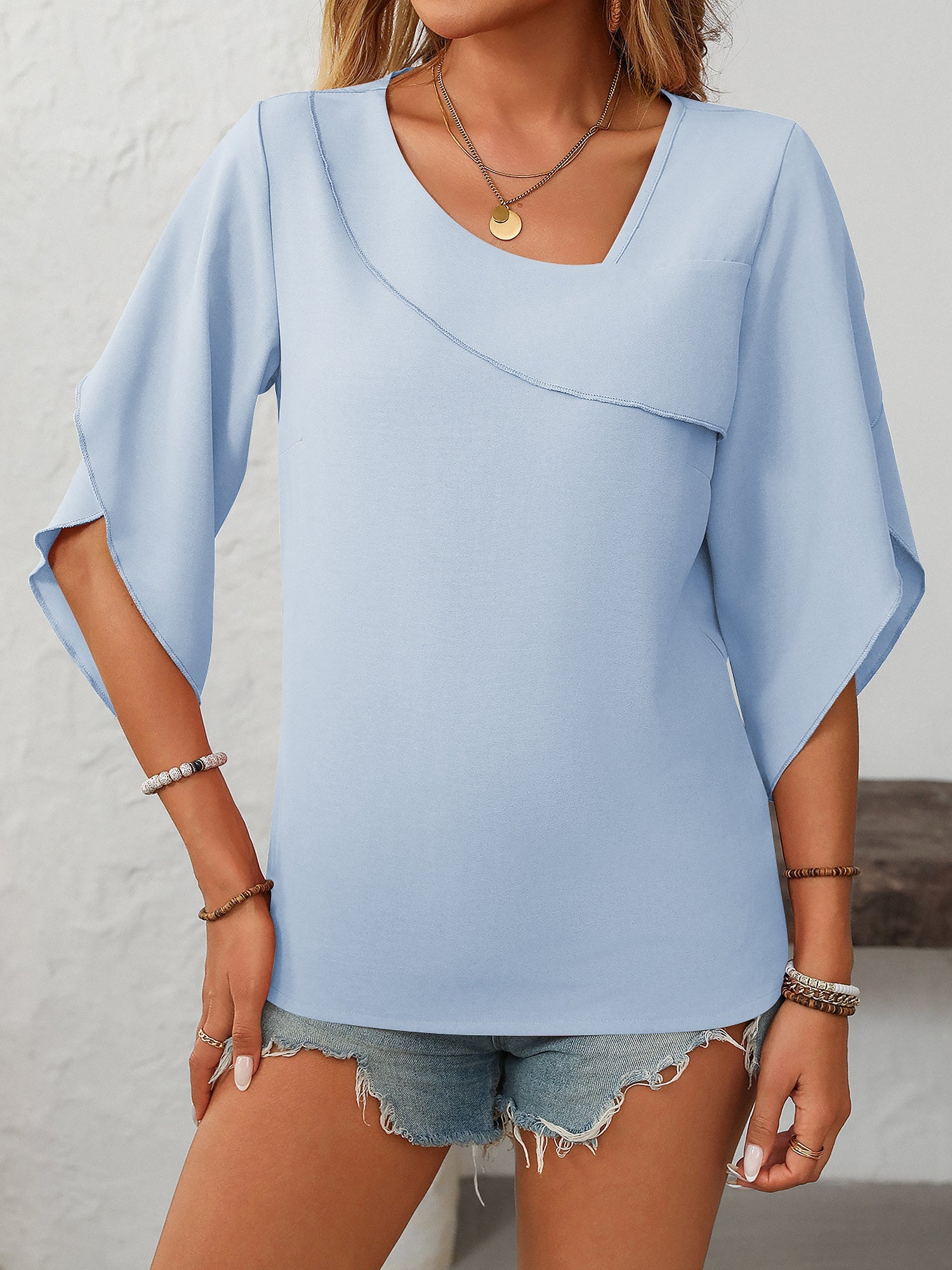 Trendy Irregular Neck Chiffon 3/4 Sleeve Casual Office Blouse