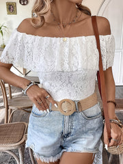 Solid Color Off Shoulder Ruffled Lace Blouse