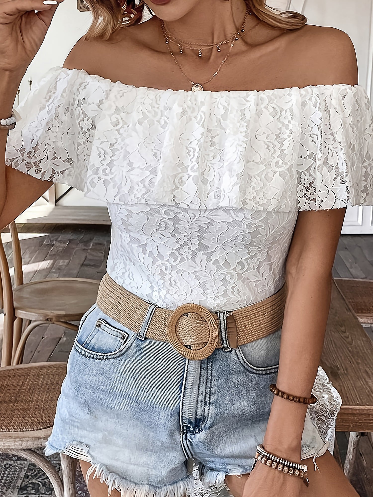 Solid Color Off Shoulder Ruffled Lace Blouse