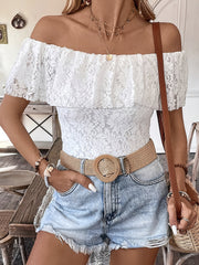 Solid Color Off Shoulder Ruffled Lace Blouse
