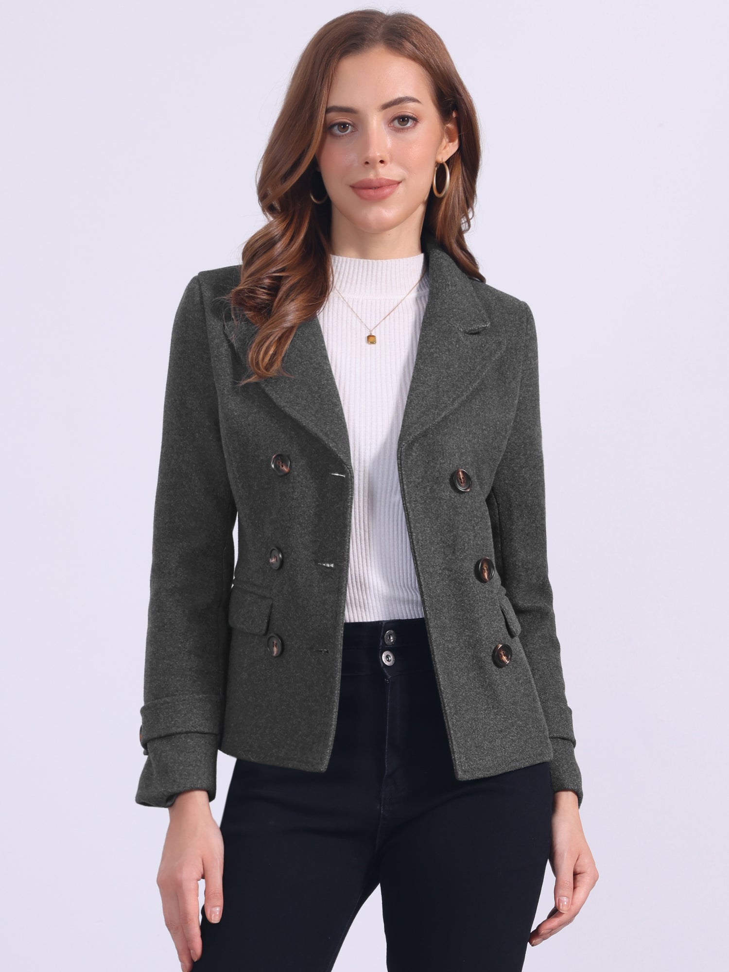 Winter Notched Lapel Double Breasted Short Pea Coat