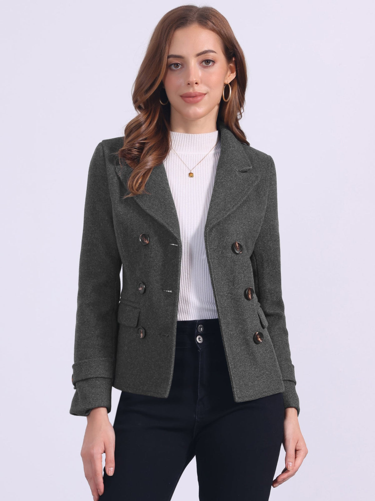 Winter Notched Lapel Double Breasted Short Pea Coat