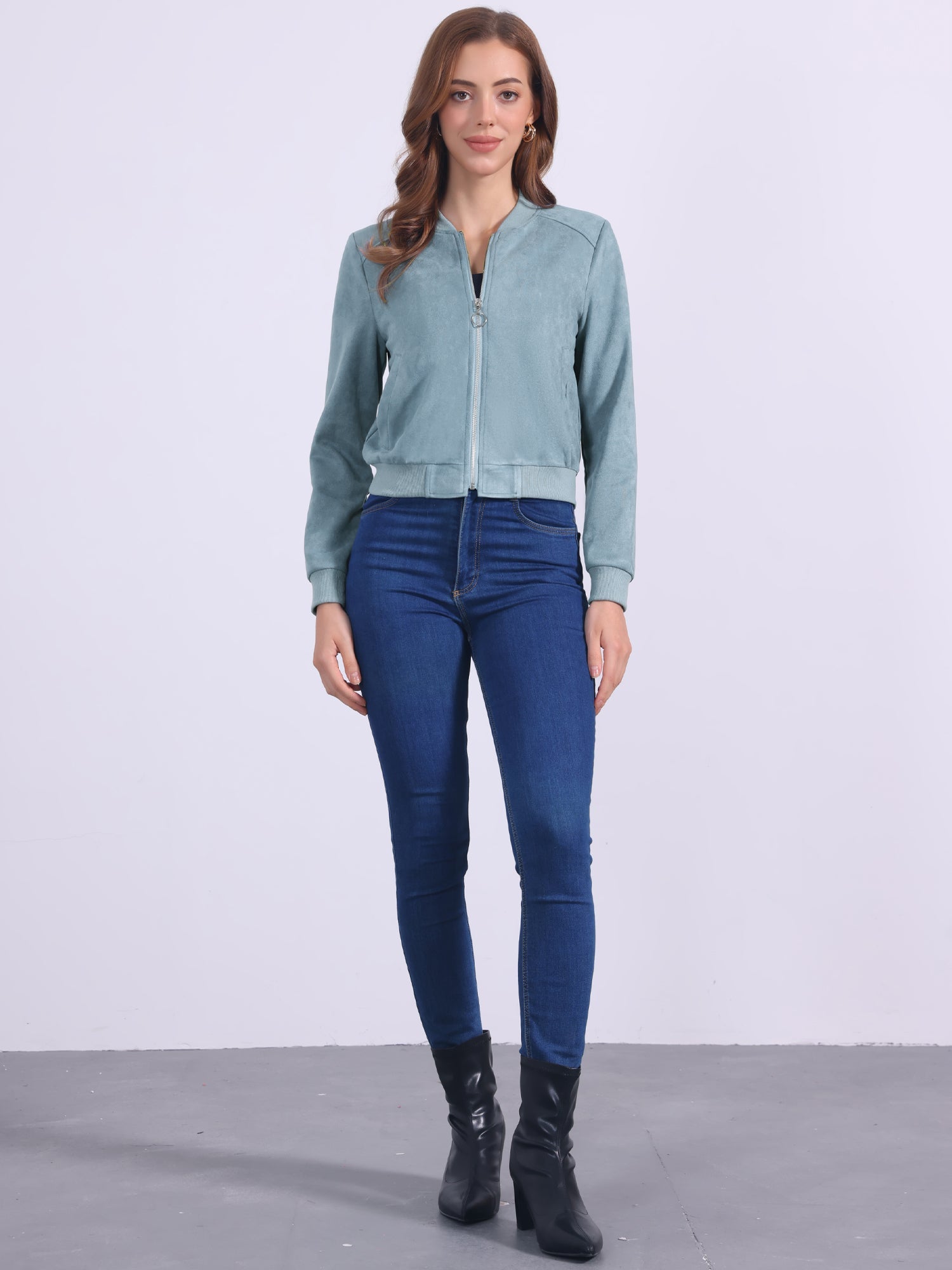 Faux Suede Crop Stand Collar Zip Up Biker Moto Bomber Jackets