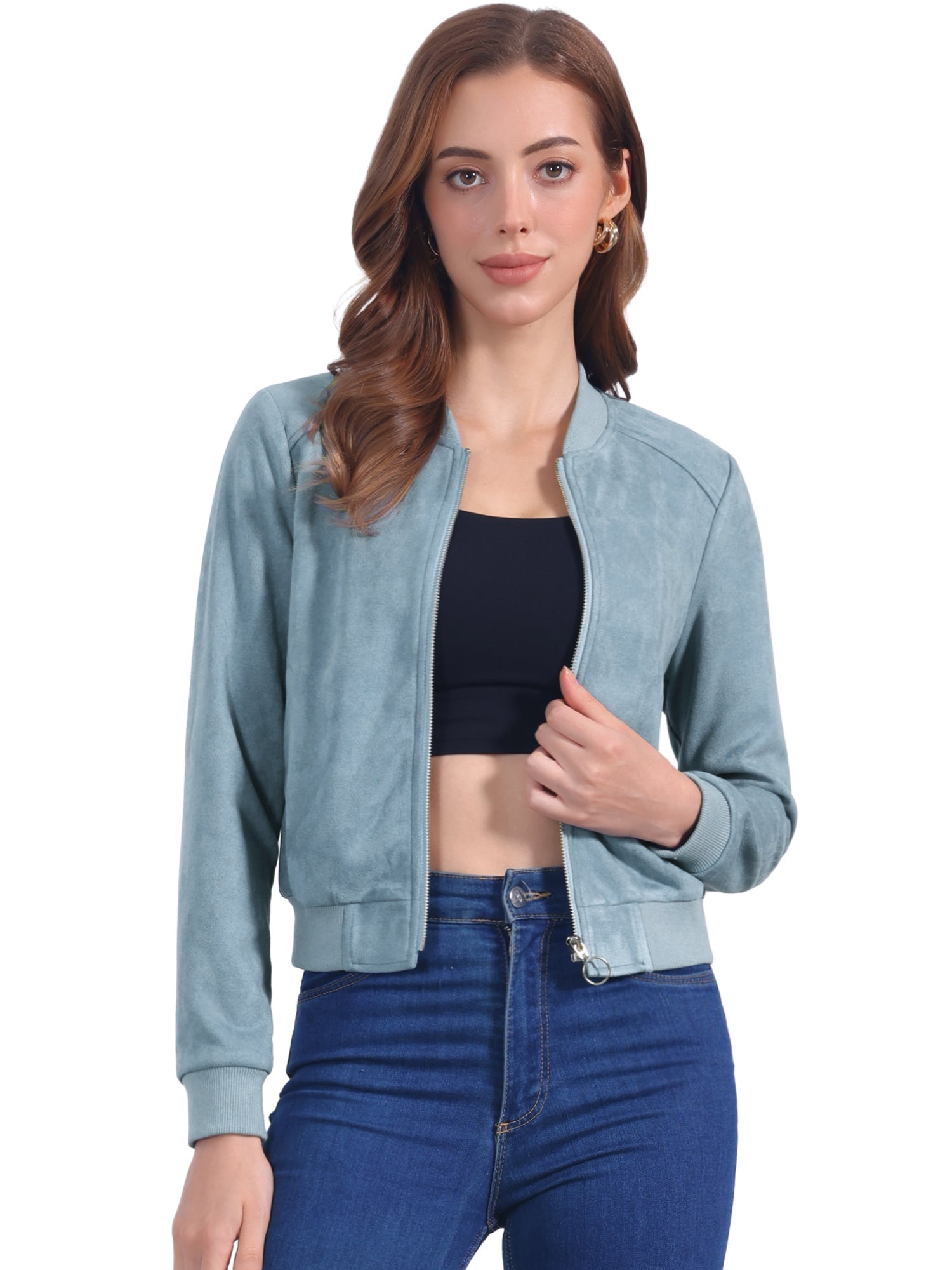 Faux Suede Crop Stand Collar Zip Up Biker Moto Bomber Jackets