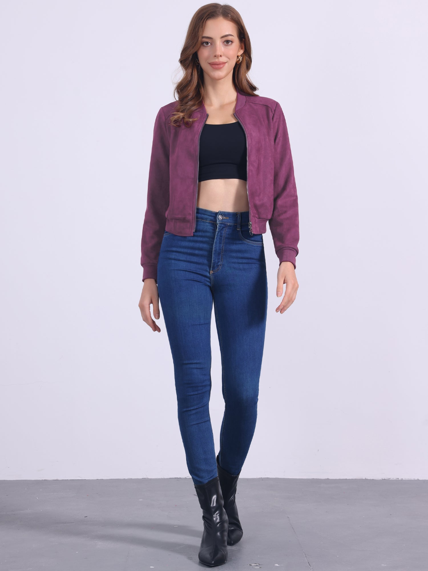 Faux Suede Crop Stand Collar Zip Up Biker Moto Bomber Jackets