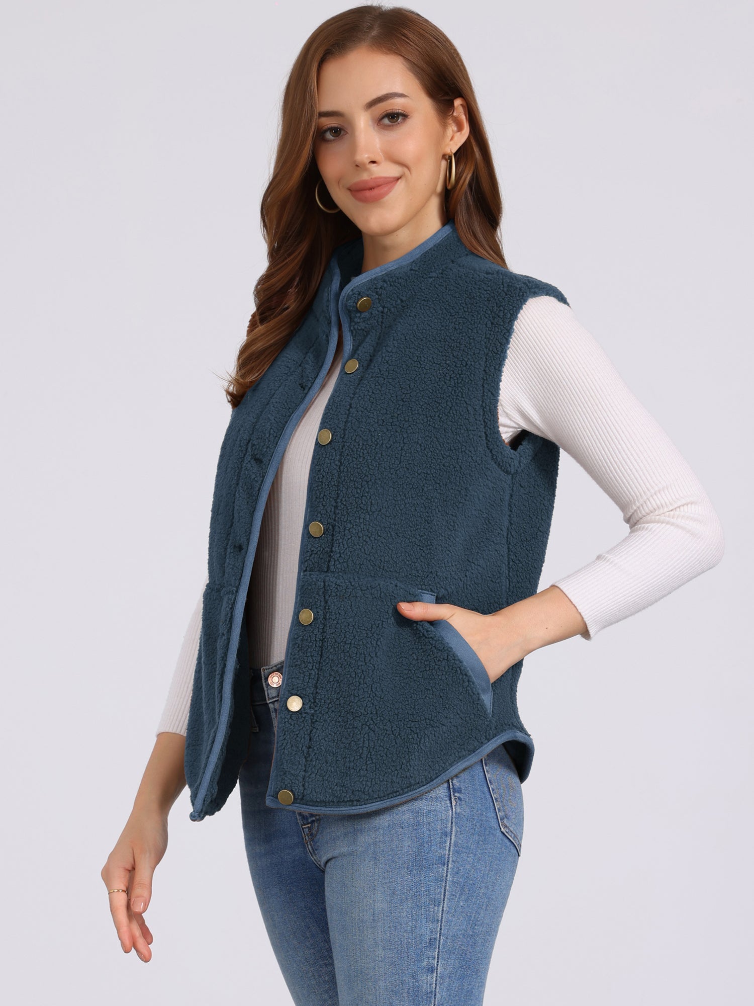 Fleece Plush Pockets Buttons Sleeveless Fuzzy Jacket Vest